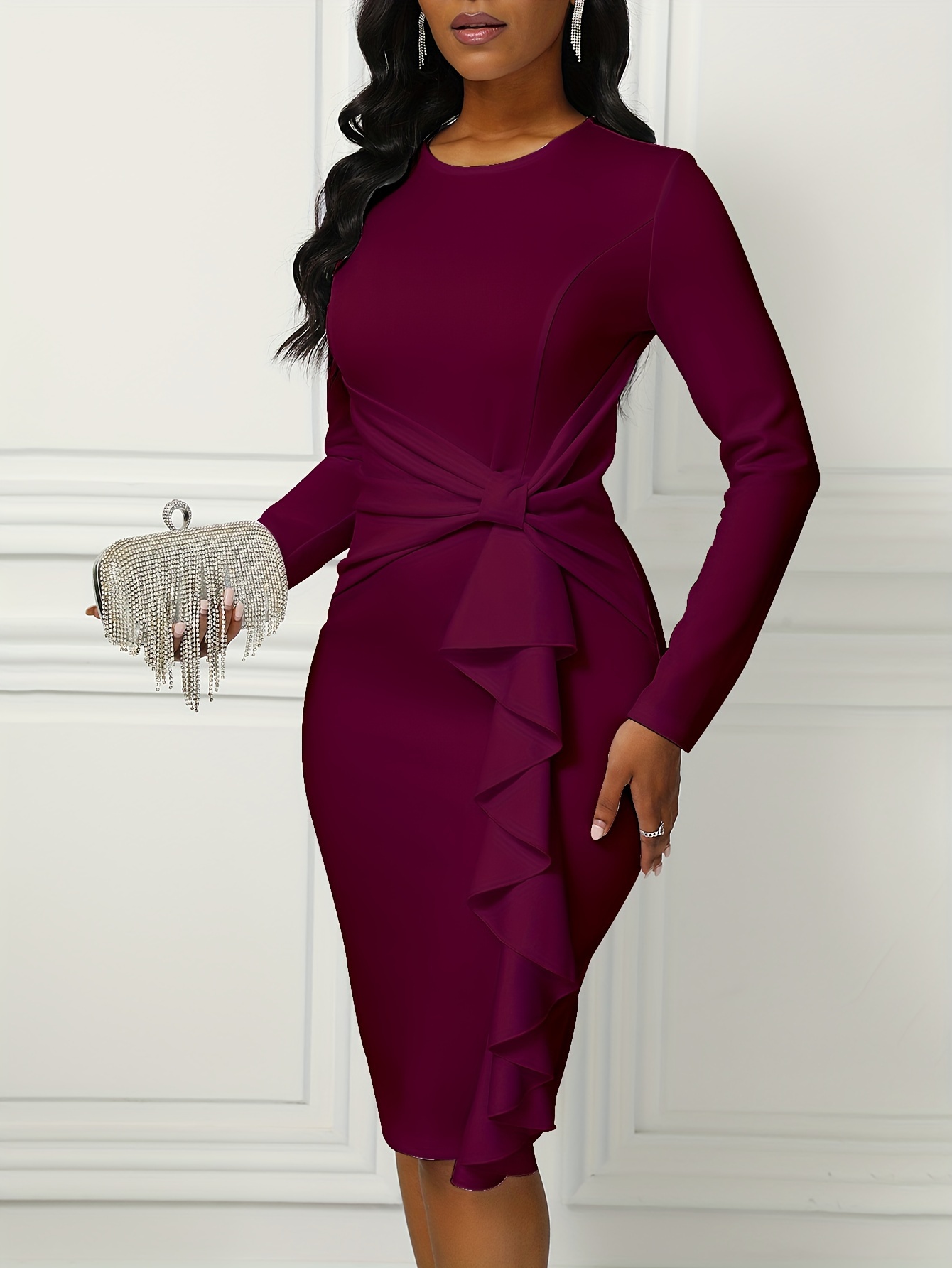 Solid Ruffle Trim Belted Dress Elegant Long Sleeve Slim - Temu