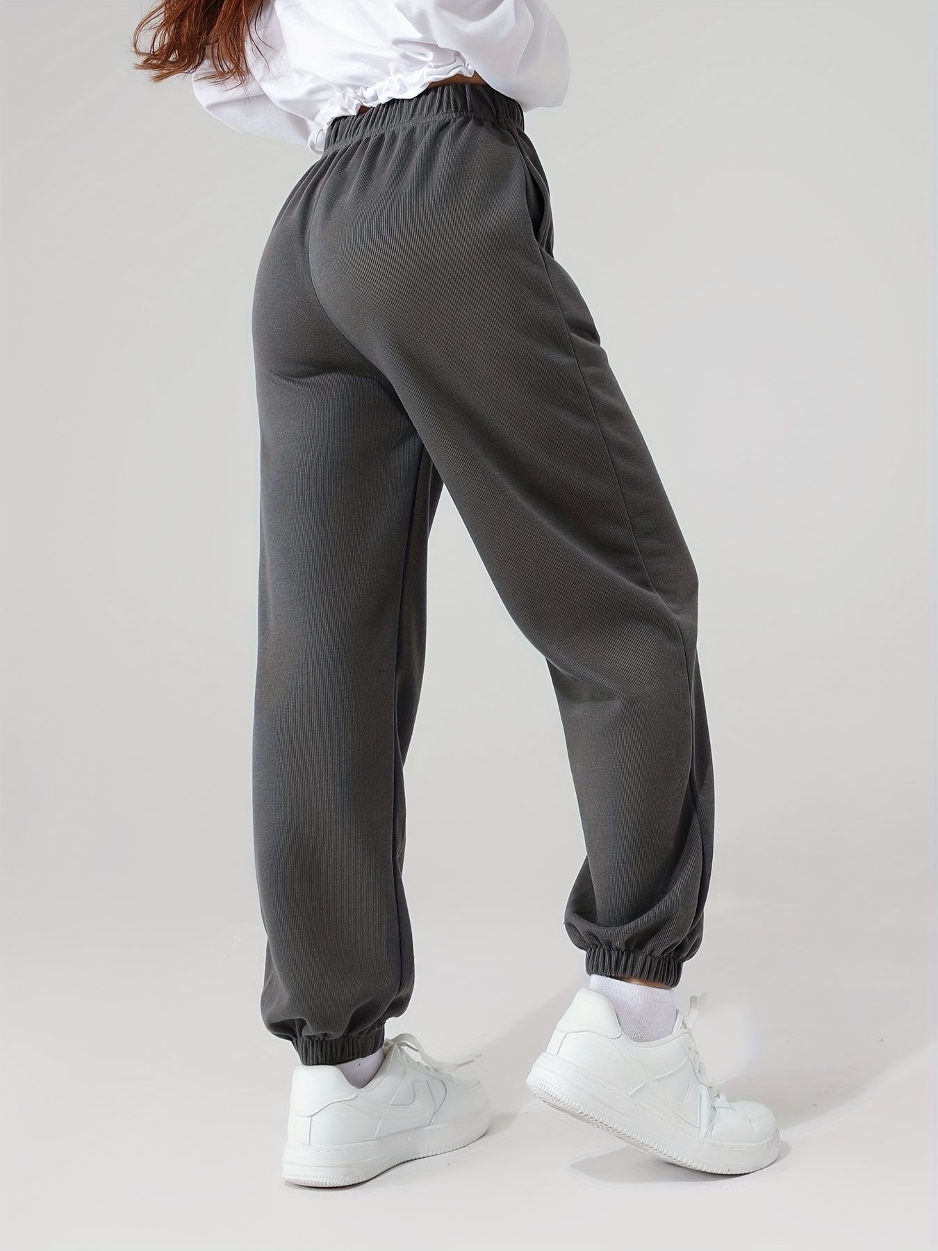 Womens Elastic Waist Sweatpants Plain Long Regular Fit Dark Grey