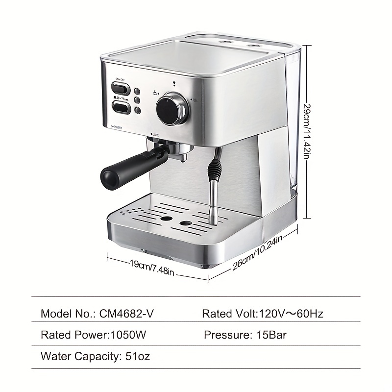 Manual Espresso Machine, 15 Bar Pump Pressure + Milk Frother Steam Wand - Black