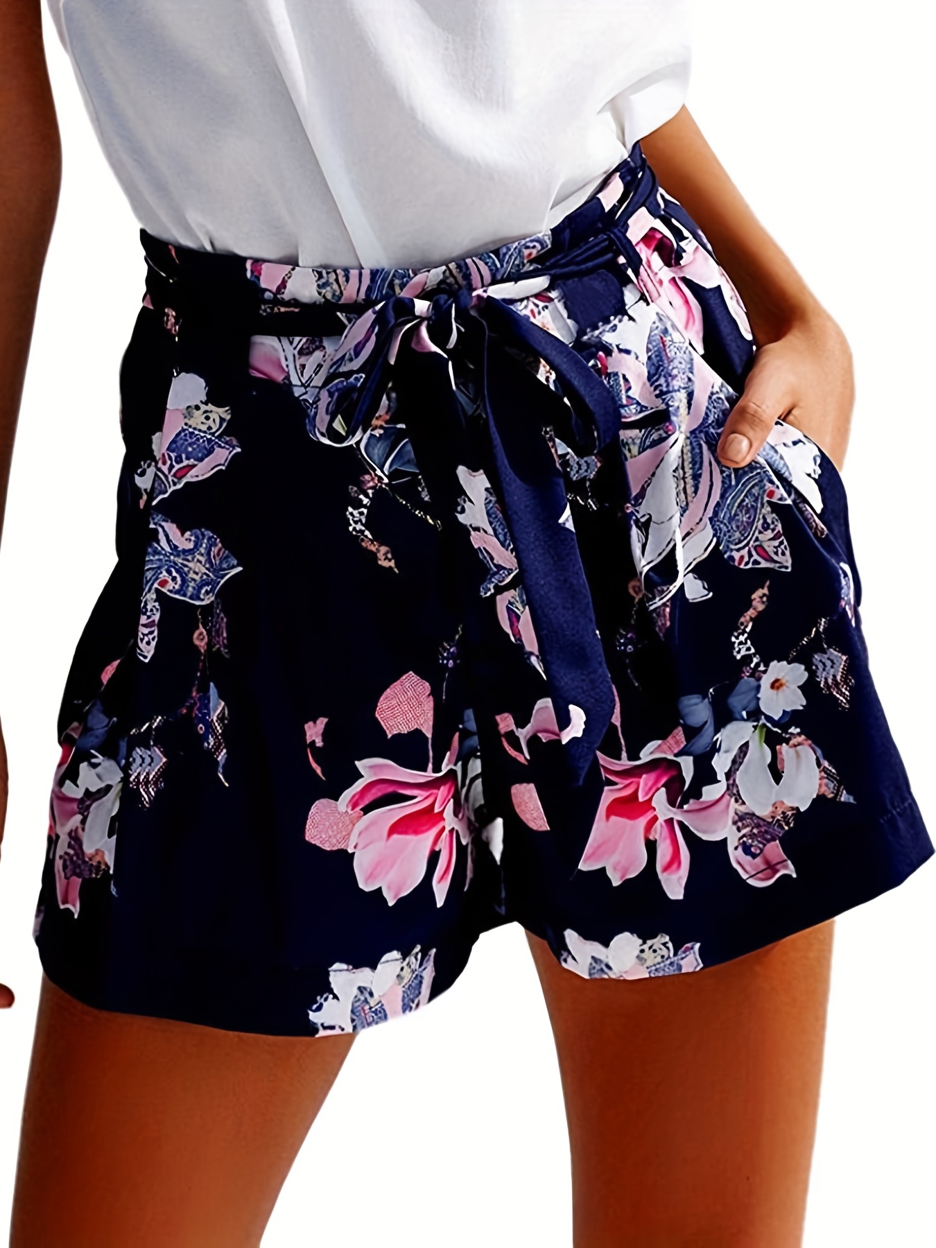 Floral Print Belted Shorts, Casual Shorts For Spring & Summer, Women's  Clothing