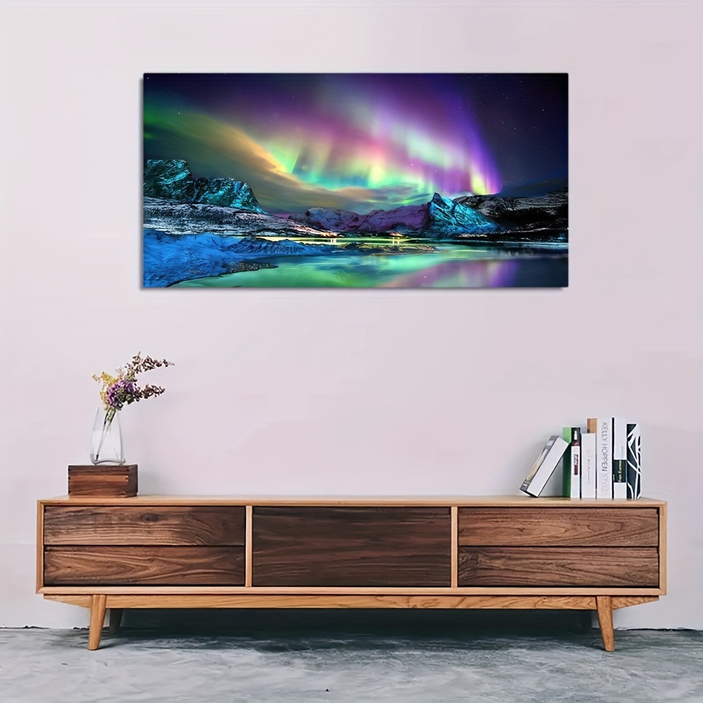 Mountains Aurora Borealis moon canvas wall art. Picture Prints Landscape.  Panoramic Canvas Prints Paintings. Morden Nature Landscape Pictures Artwork  for Bedroom Wall Decor 50x90cm(19.7x35.4) Framed : : Home