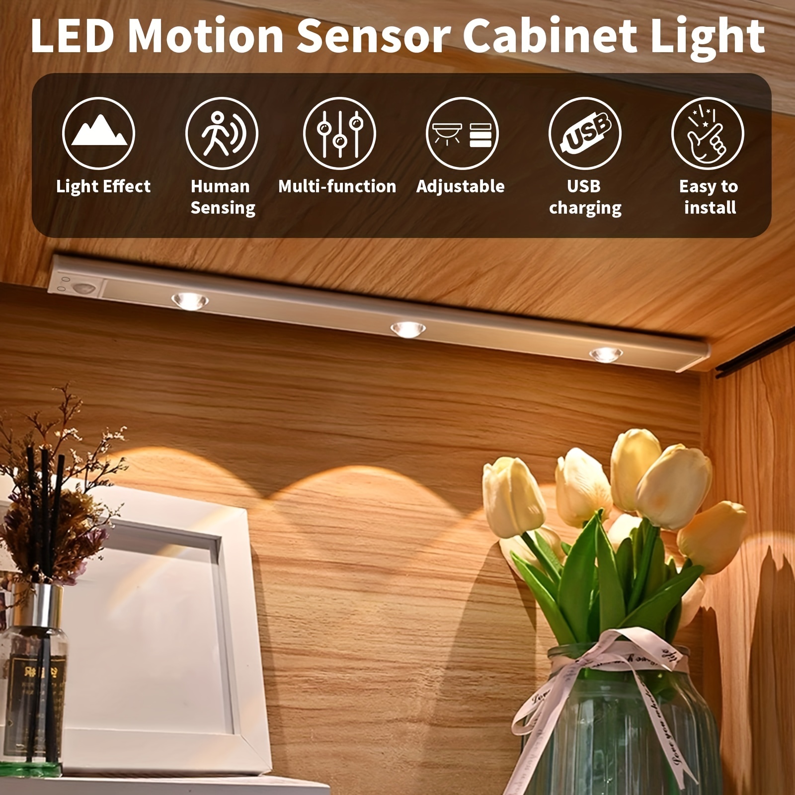 EAUTOR Luces para debajo del gabinete con sensor de movimiento – 126 luces  LED recargables para armario, tira de luz LED recargable con sensor de