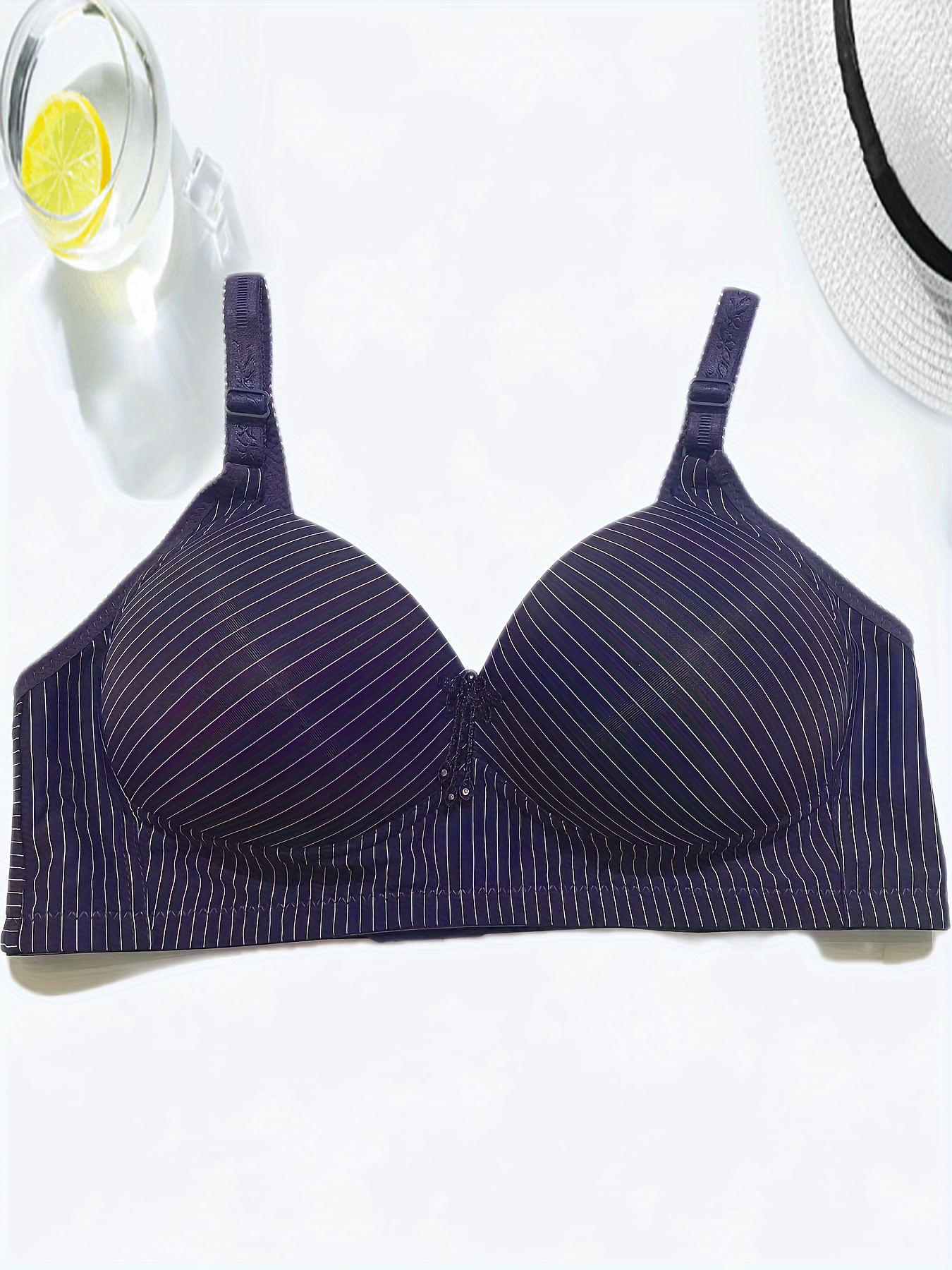 Plus Size Elegant Bra, Women's Plus Striped Print Closure Front Underwire  Invisible Bra With Translucent Straps