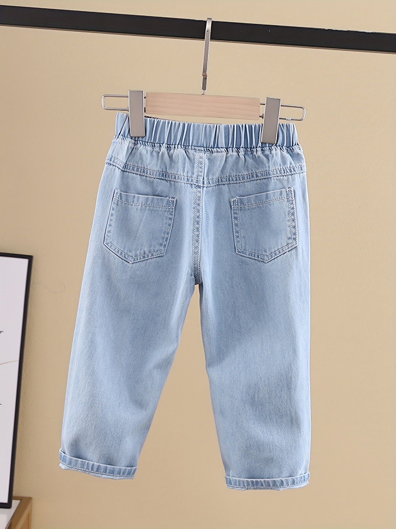 Kids Girls Denim Pants Jeans Elastic Waist Wide Print Leg Long Pant Play  Wear