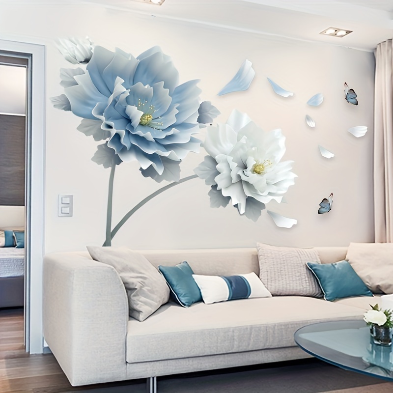 1pc Large Size Blue Flower Removable Self-adhesive Wall Sticker, Removable Sofa Living Room Bedroom Background Wall Decoration Sticker, For Hotel/Restaurant/Office/Commercial