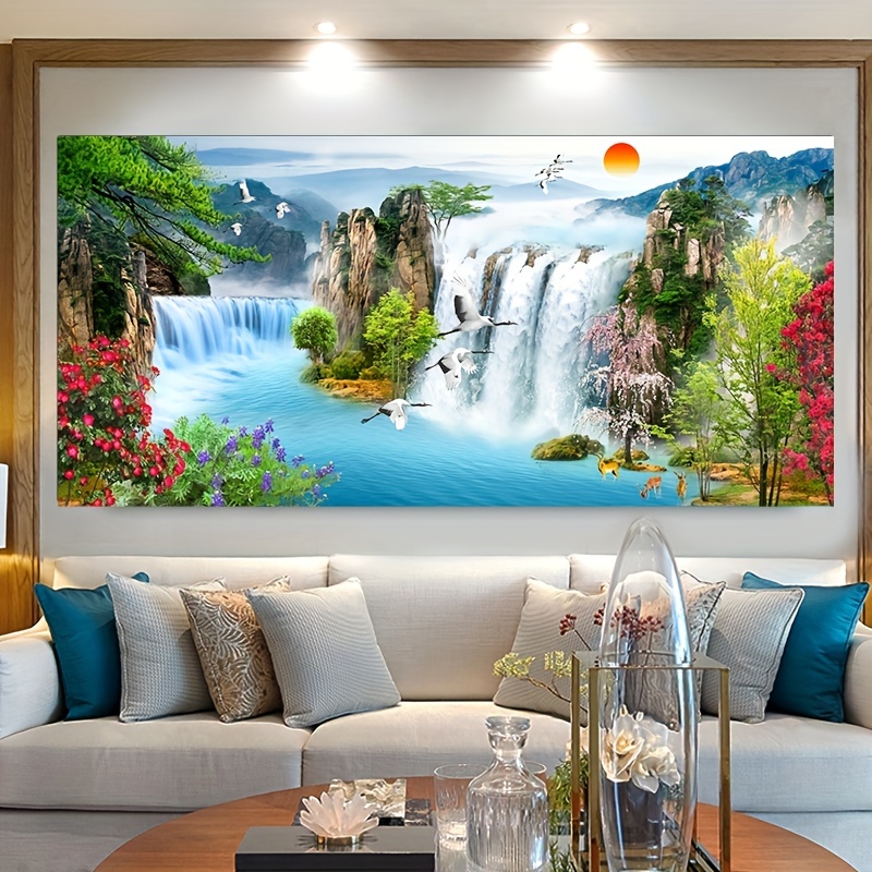 

1pcs Waterfall Sunset Landscape Canvas Painting, Posters And Prints Cuadros, Wall Art Picture, For Living Room Decor,