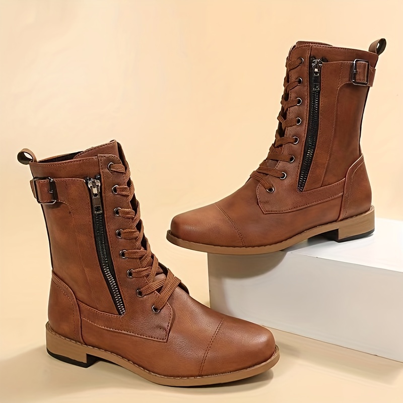 

Women's Chunky Heel Boots, Fashion Lace Up Side Zipper Boots, Comfortable Faux Leather Boots