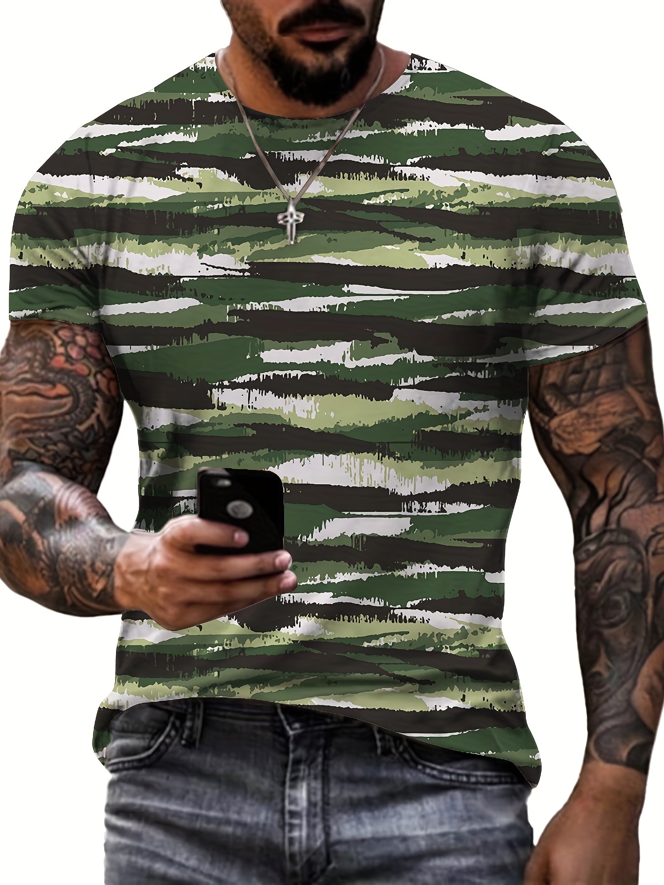 Men's Camouflage Print Tee Shirt - Casual Short Sleeve T-shirt For