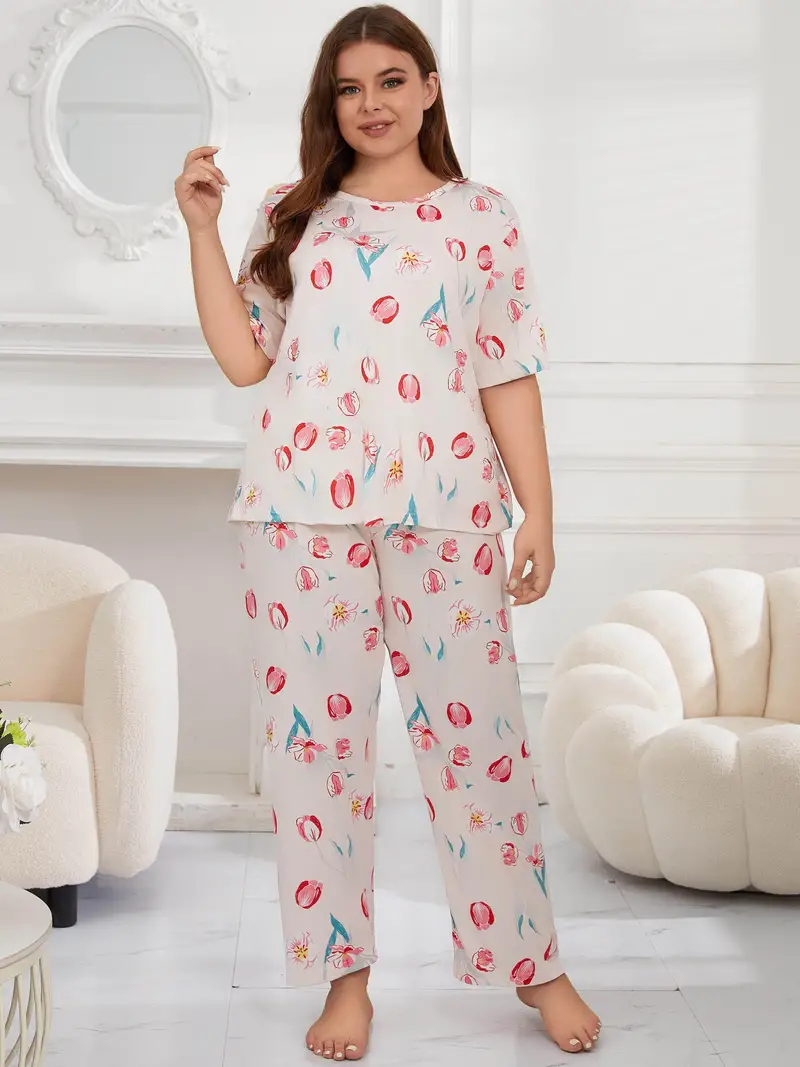 Plus Size Trendy Pajamas Set, Women's Plus Tulip Print Short Sleeve Medium  Stretch Tee & Pants Home Wear 2 Piece Set