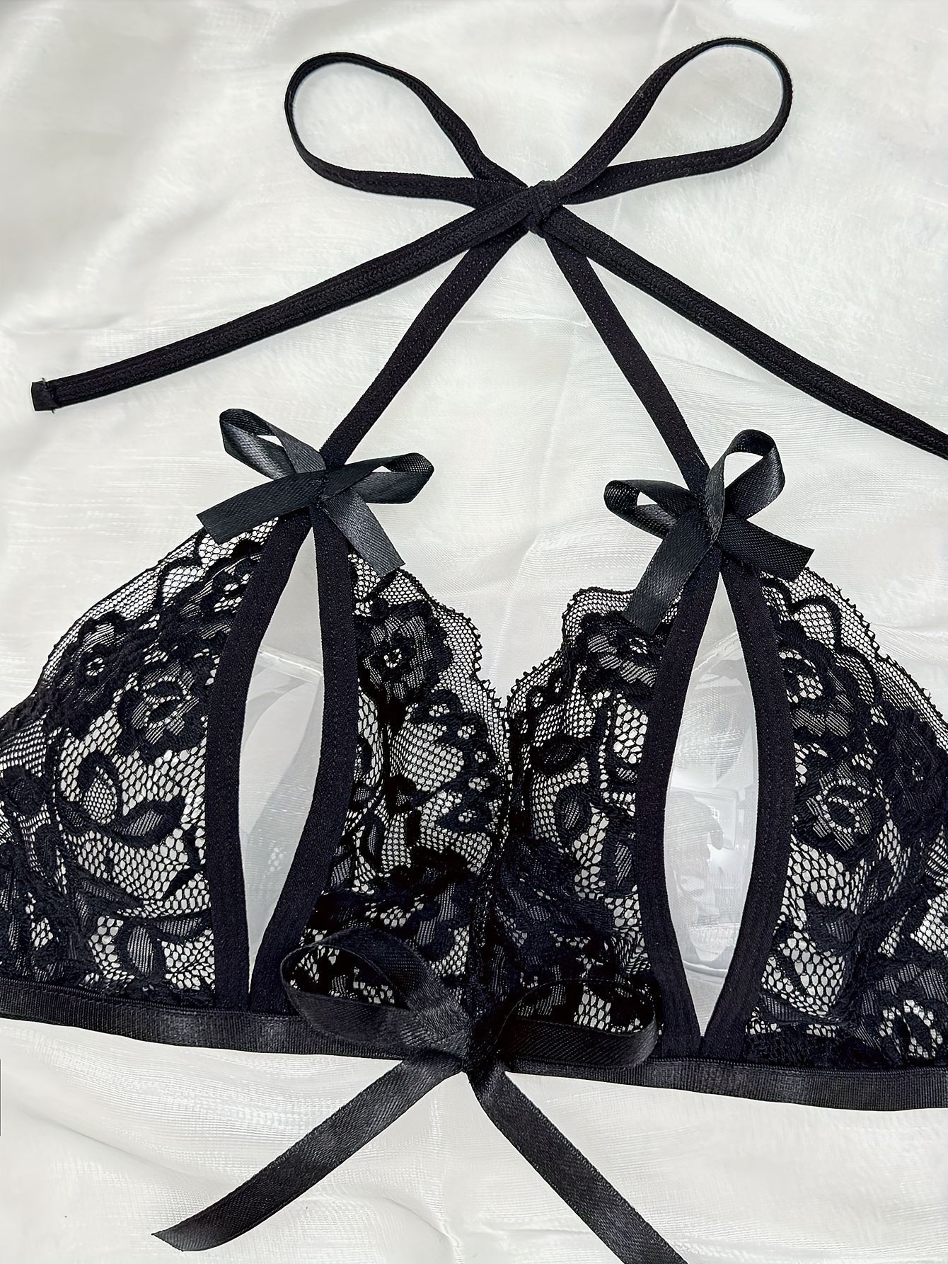 Hot Floral Lace Lingerie Set, Split Cup Bow Knot Bra & Open Crotch  G-string, Women's Sexy Lingerie & Underwear