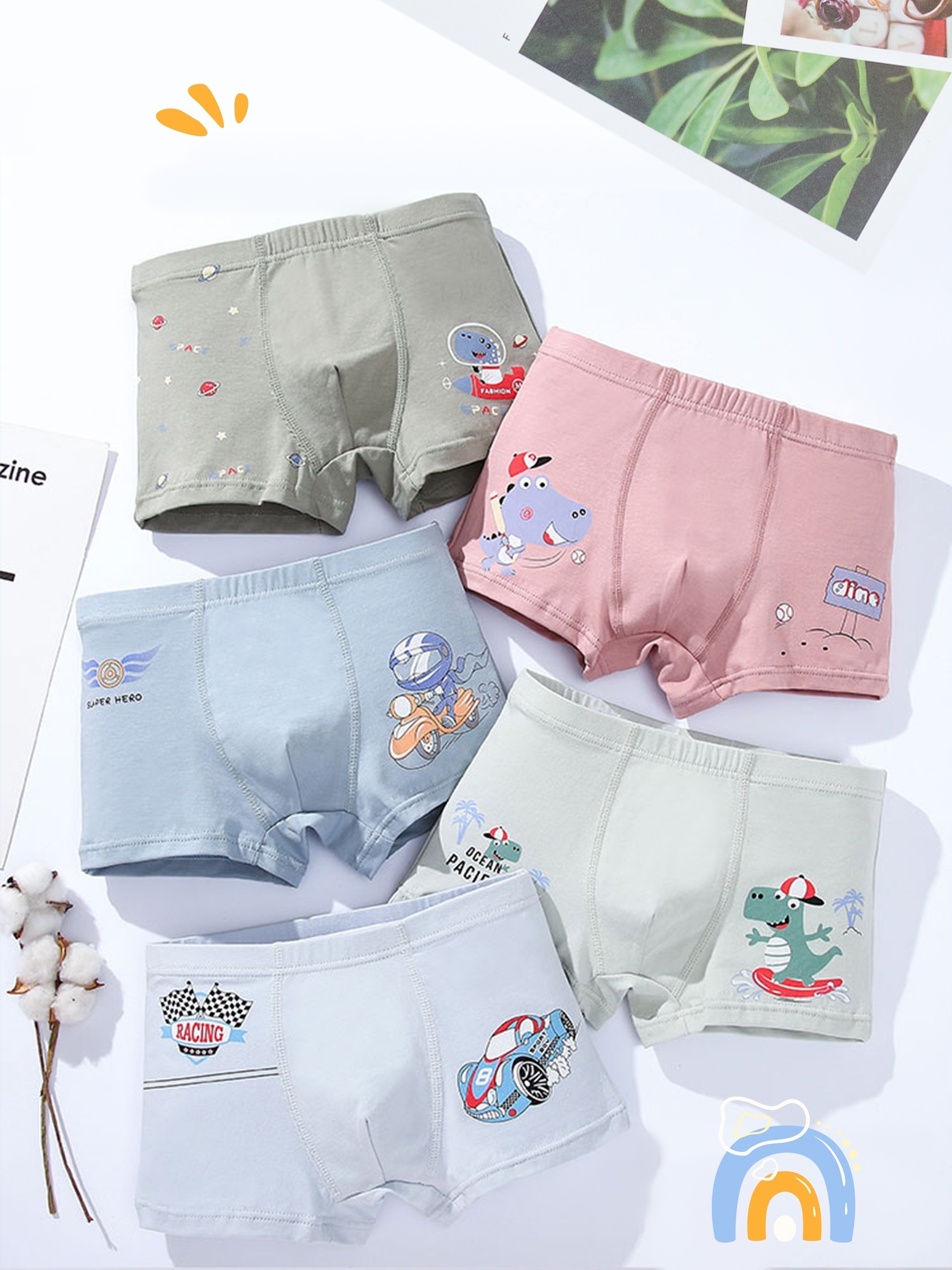 5pcs Boy's Breathable Boxer Briefs, Cartoon Dinosaur/ Sports Car/  Motorcycle Pattern Underwear, Comfy Kid's Underpants