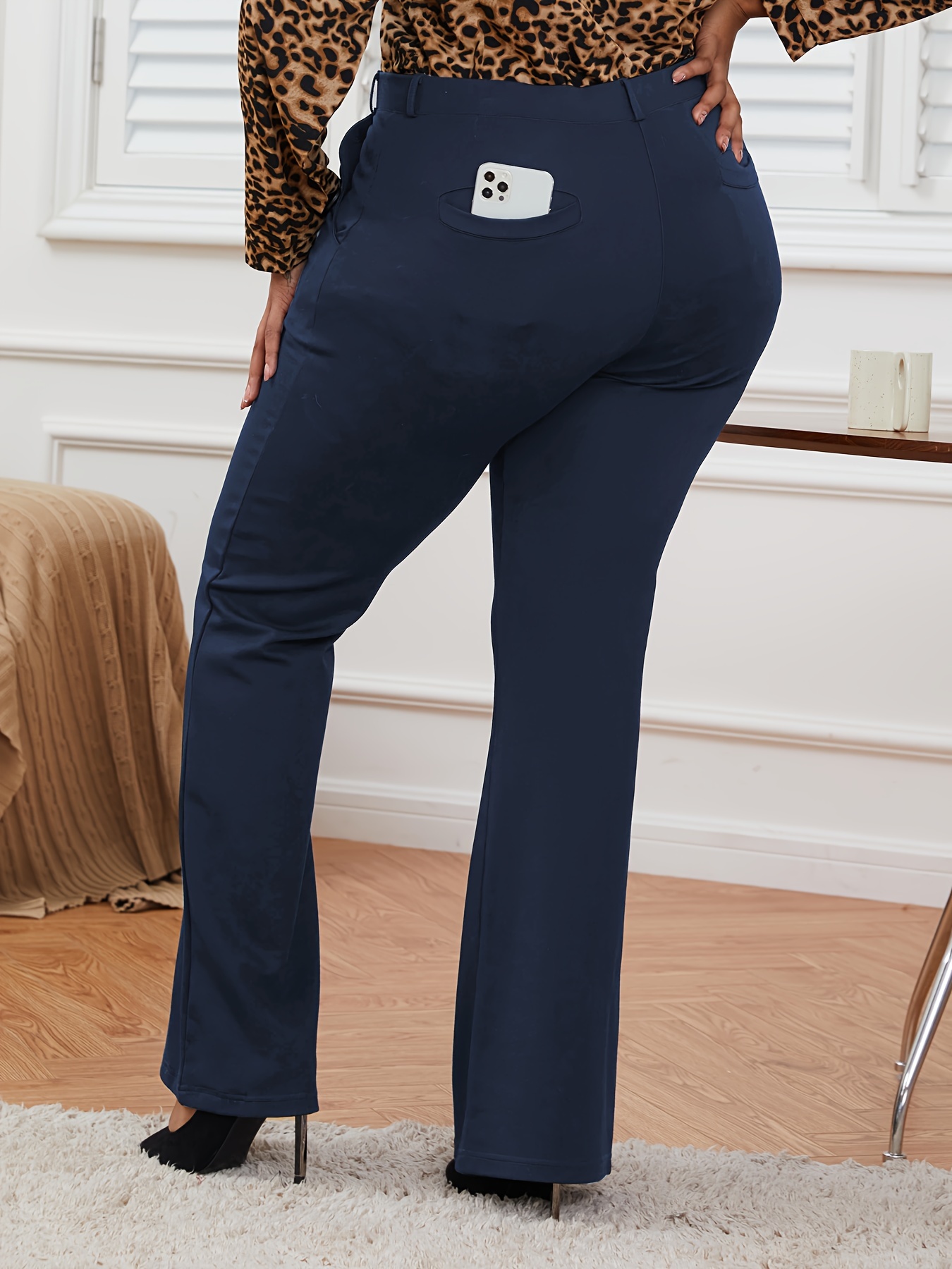 Plus Size Formal Pants, Women's Plus Plain Button Up Straight Leg Occassion  Suit Pants
