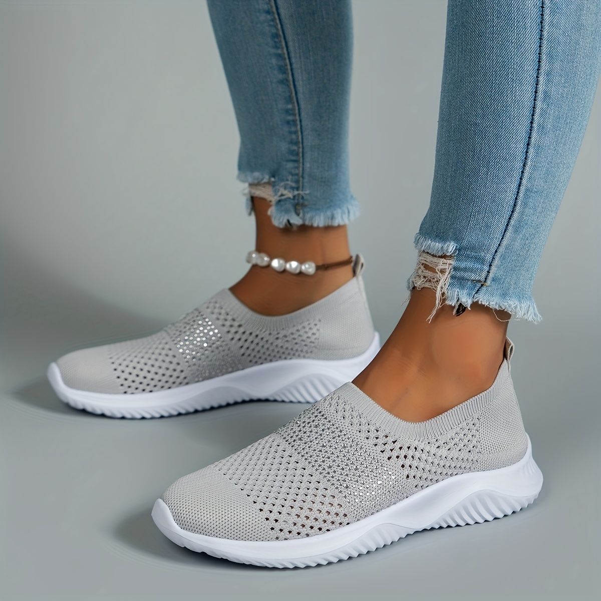 Women's Solid Color Mesh Sneakers Rhinestone Decor Slip On - Temu