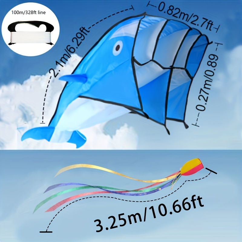 1pc Large Dolphin Blue Kite 328ft Rope Frameless Soft Parafoil