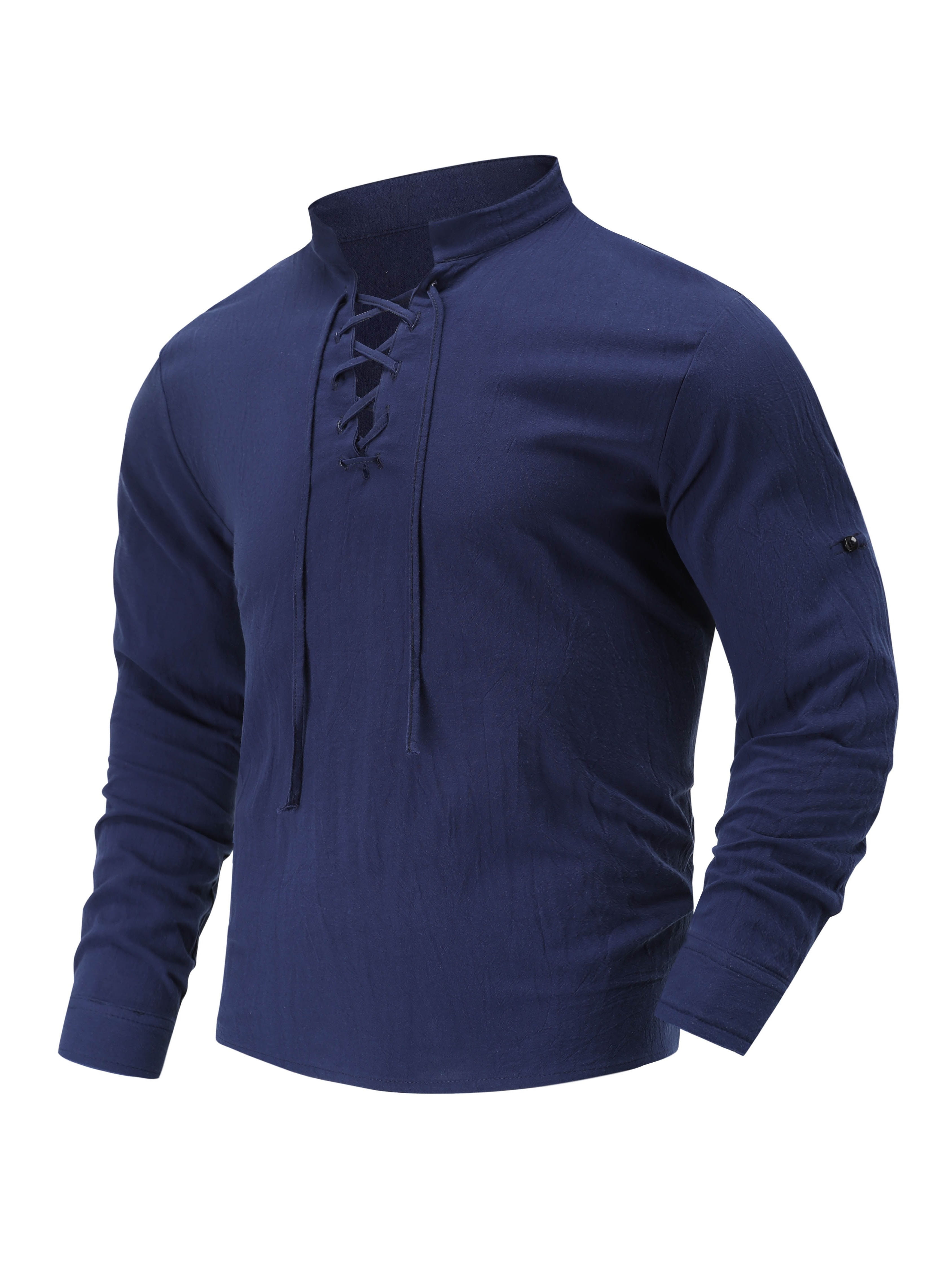 Men's Casual Lace Shirt Solid Color Drawstring Long Sleeve - Temu Canada