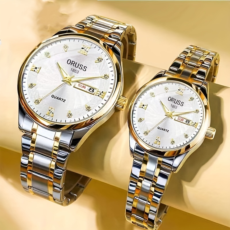 

2pcs Luxury Two-tone Quartz Watch Calendar Analog Business Leisure Wrist Watch Couples Watch Valentines Gift For Him Her Date Watch