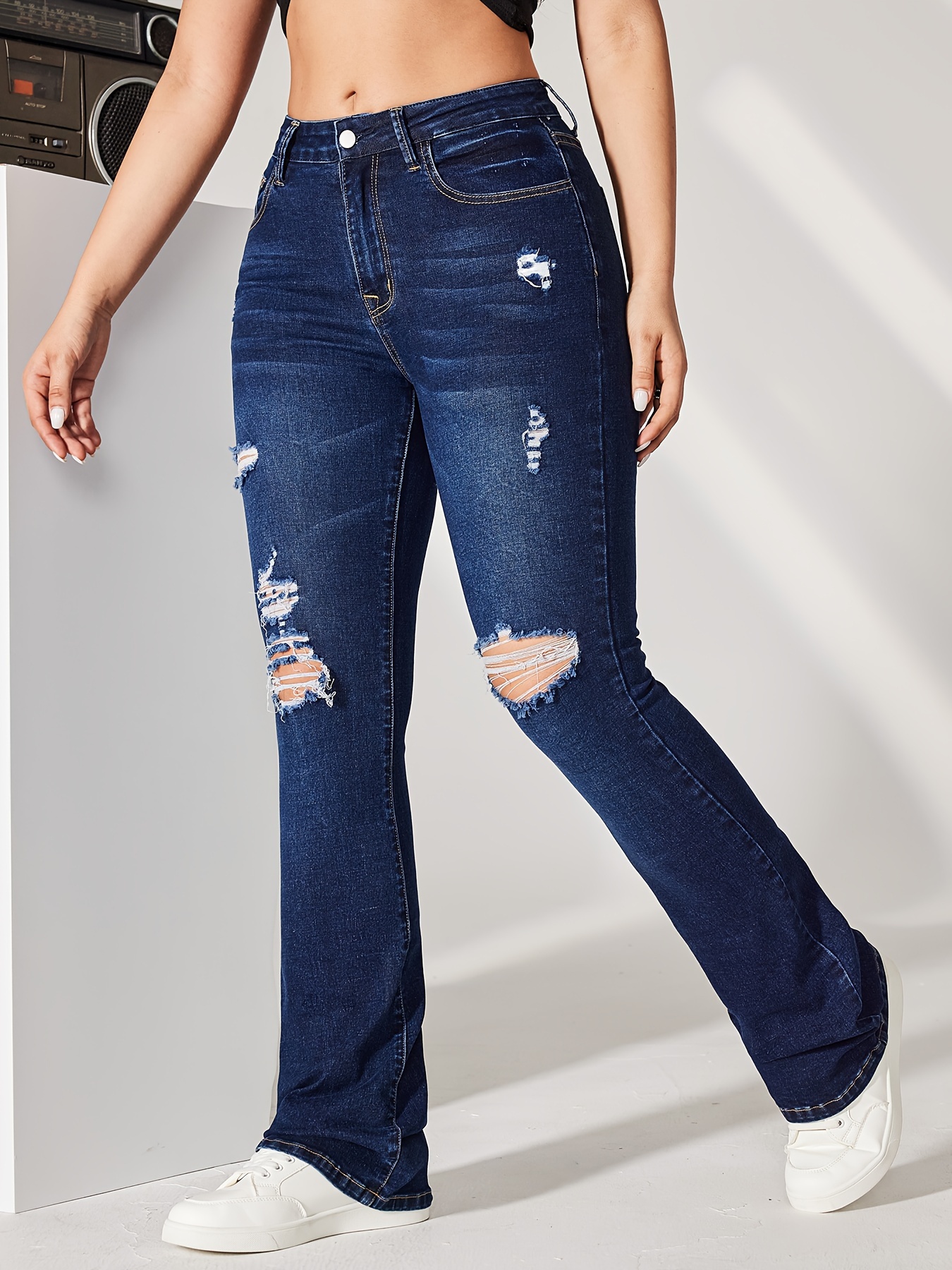 High Rise Solid Color Boot cut Jeans High Waist Wide Leg - Temu Australia