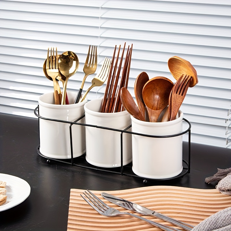 White Ceramic Utensil Holder, Flatware Caddy with Metal Stand (13 x 4 x 5  In)