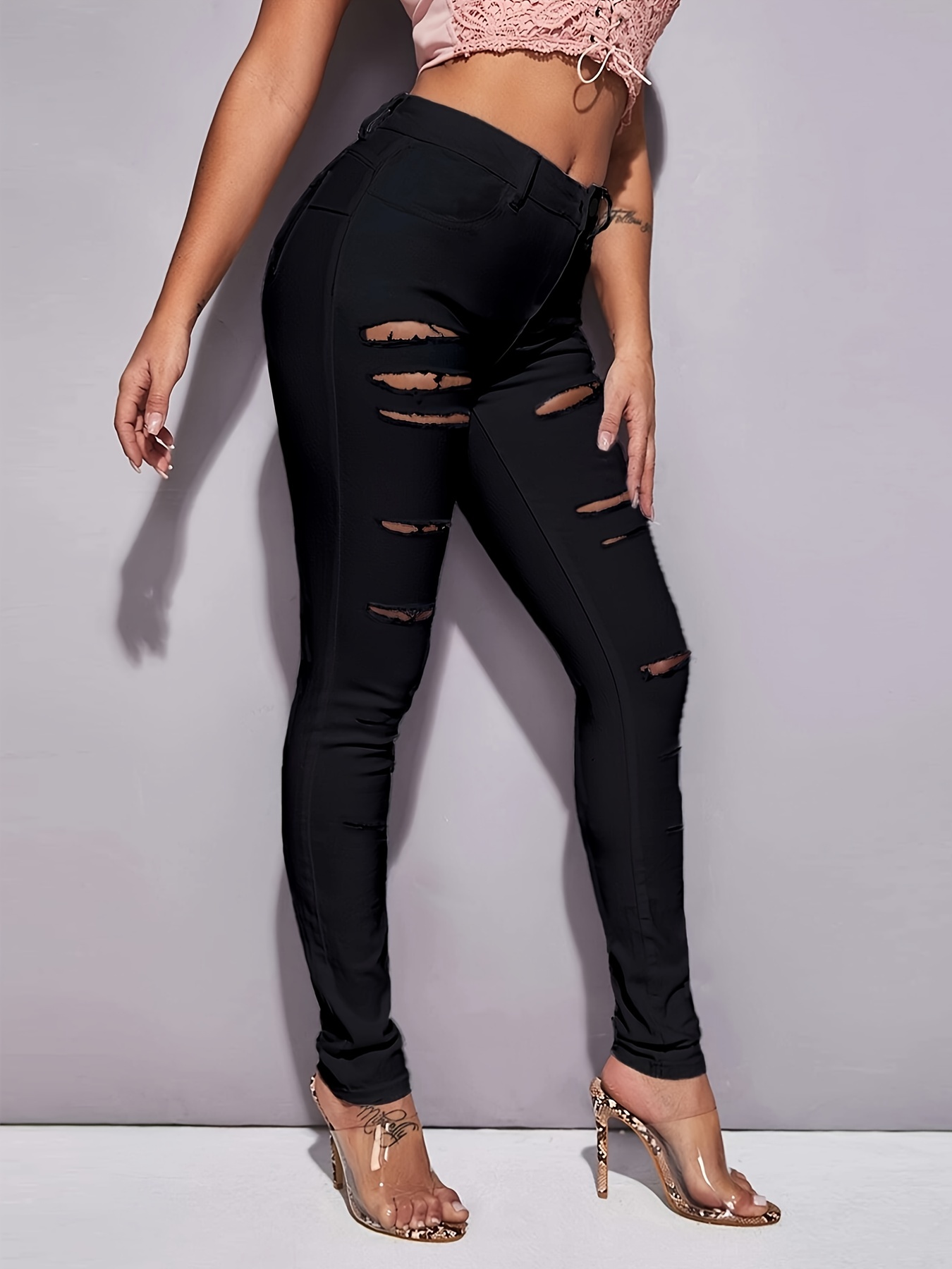 Women Destroyed Ripped Yoga Leggings Jeggings Pants Womens Distressed  Trousers
