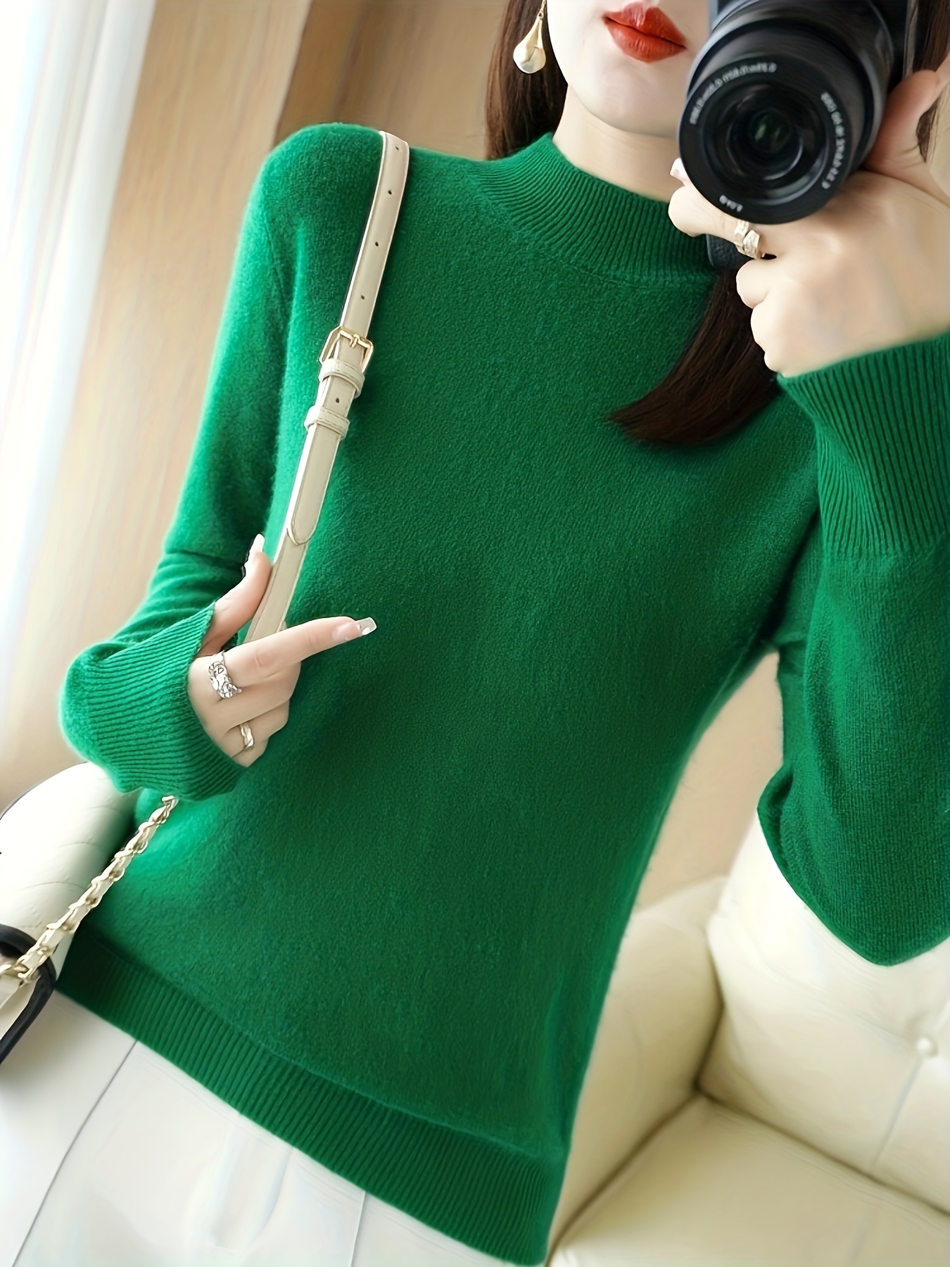 solid mock neck knitted top versatile long sleeve slim sweater womens clothing green 3