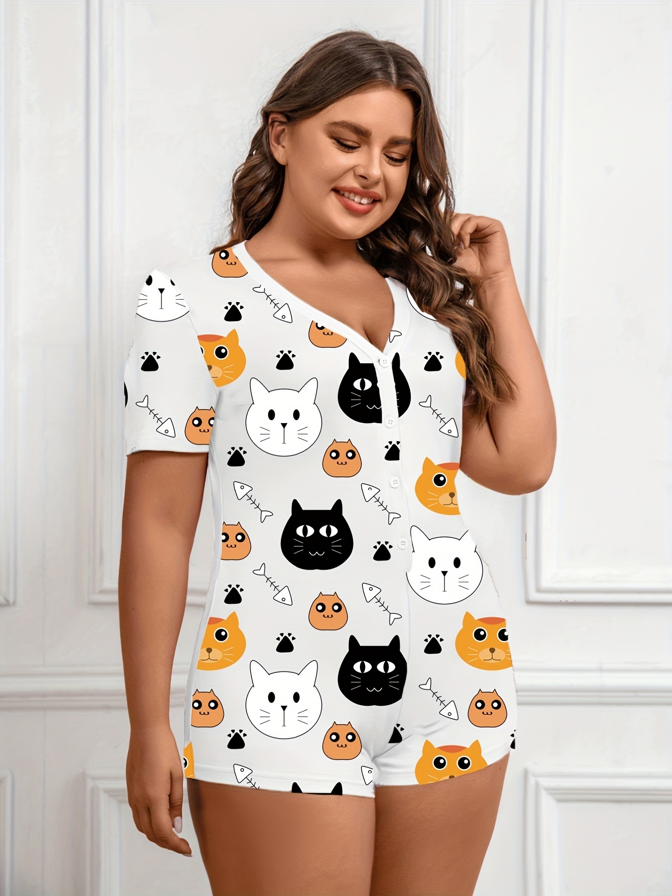 Plus Size Casual Pajama Romper Women's Plus Cartoon Cat - Temu