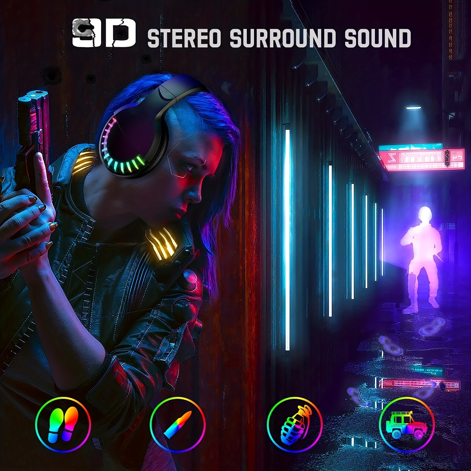  Auriculares inalámbricos Bluetooth con cancelación de ruido,  micrófono de sonido estéreo de alta fidelidad, almohadilla de proteína de  graves profundos, retroiluminación RGB de arco iris, auriculares para PC,  Mac, juegos, clase