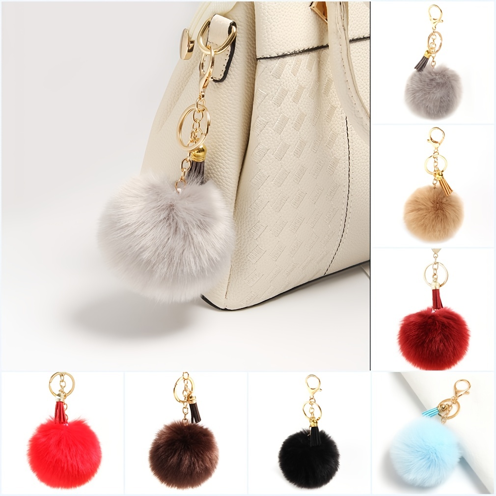 Fluffy Pom Pom Keychains Faux Rabbit Fur Pompom Silver Keyring Accessories