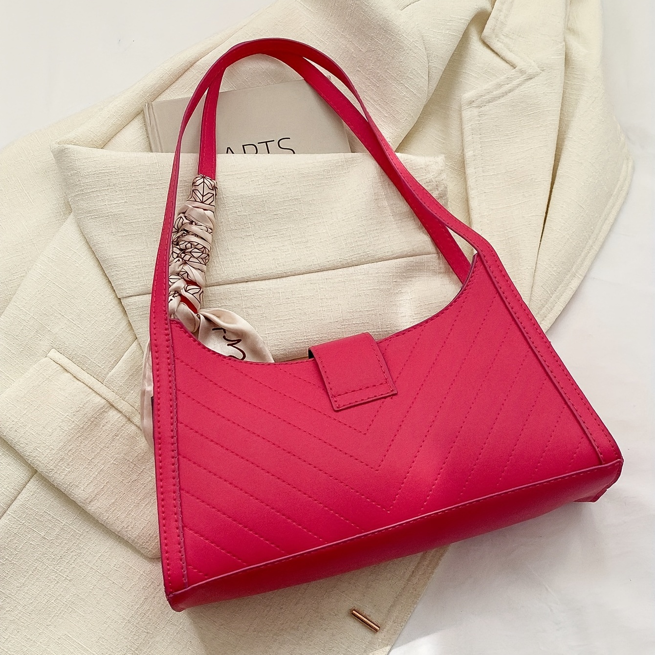 Solid Color Stitching Trendy Shoulder Bag Scarf Buckle Decor - Temu