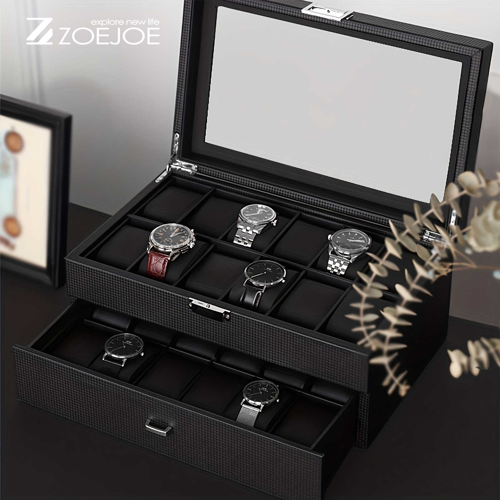 Caja de reloj de 24 ranuras, caja de reloj para almacenamiento de joyas en  piel sintética negra, organizador de exhibición de relojes para hombres y