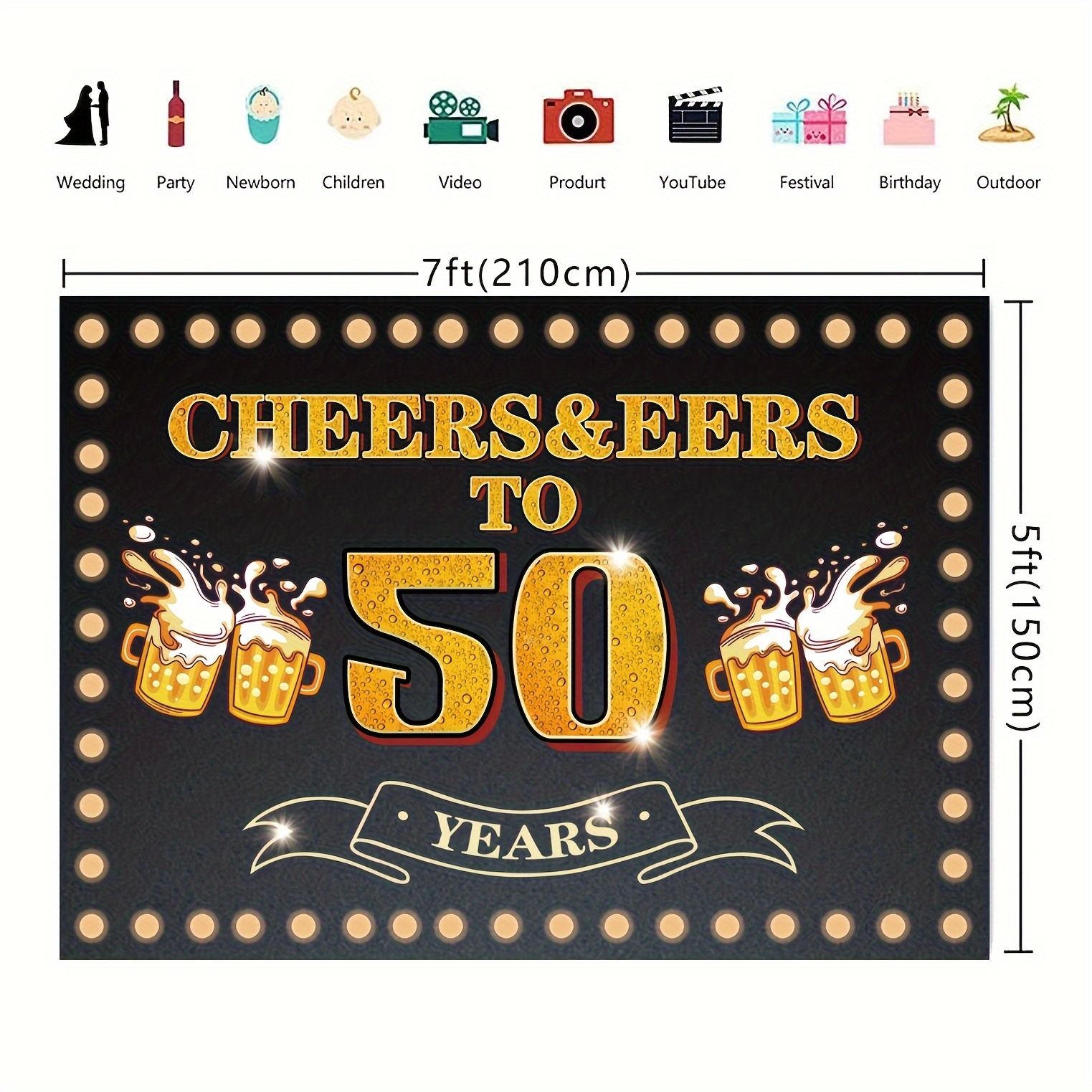 50th Birthday Backdrop Banner, Large Black Gold Happy 50th Birthday Banner,  Men Women 50th Birthday Party Decorations, Cheers to 50 Years Banner for