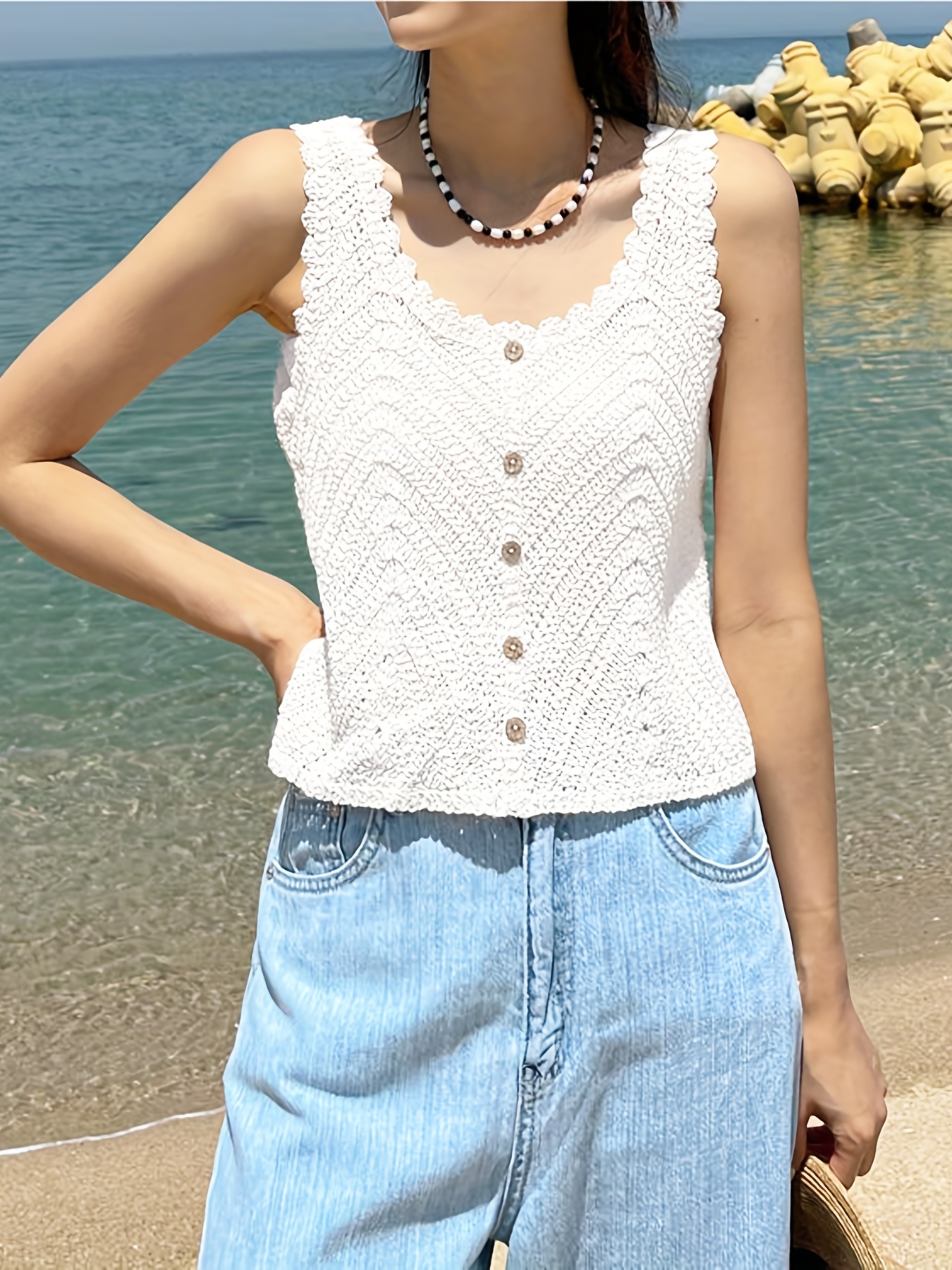 Cutout Crochet Tassel Tank Top, Casual Crew Neck Summer Sleeveless Top,  Women's Clothing