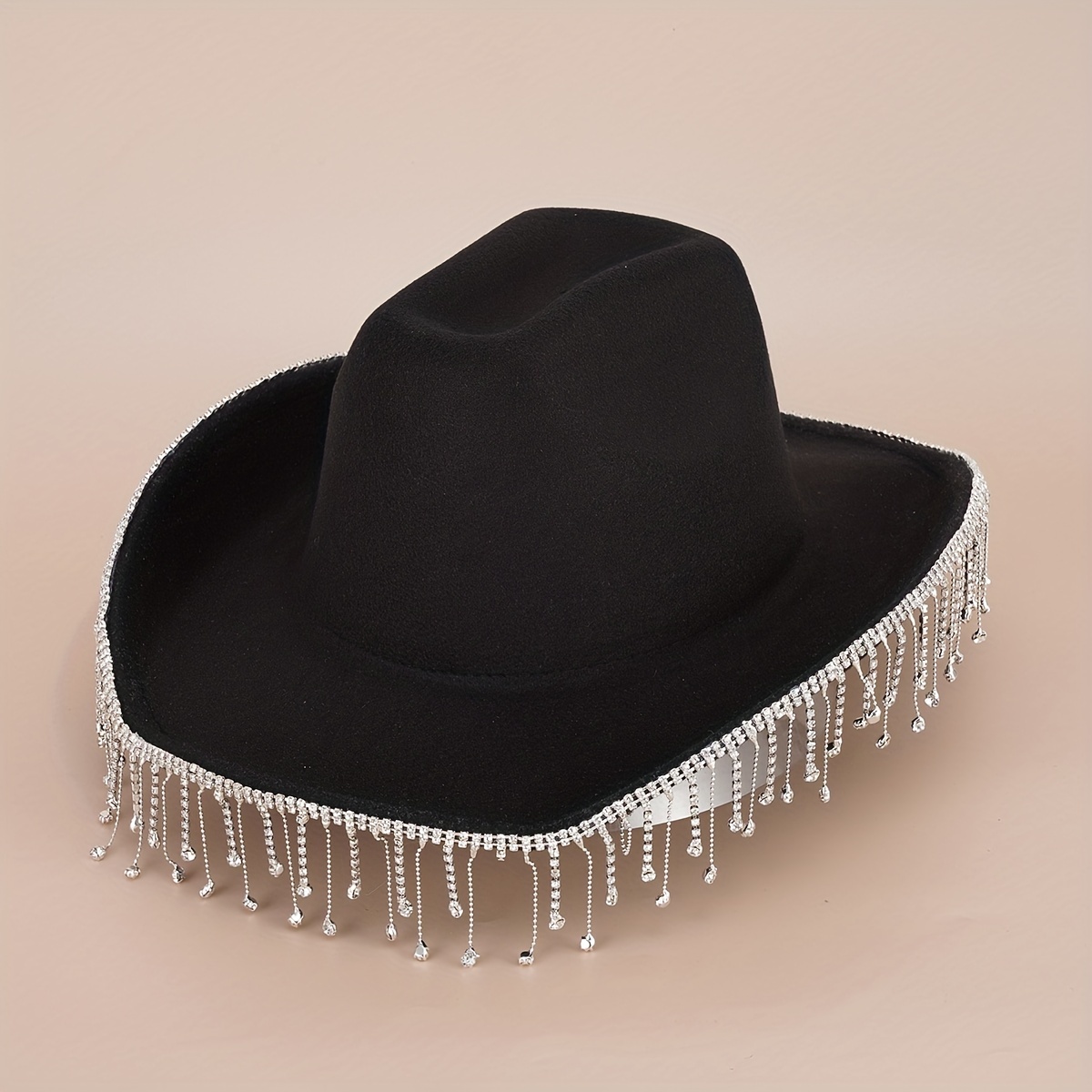 White Rhinestone Tassel Trim Cowboy Hat