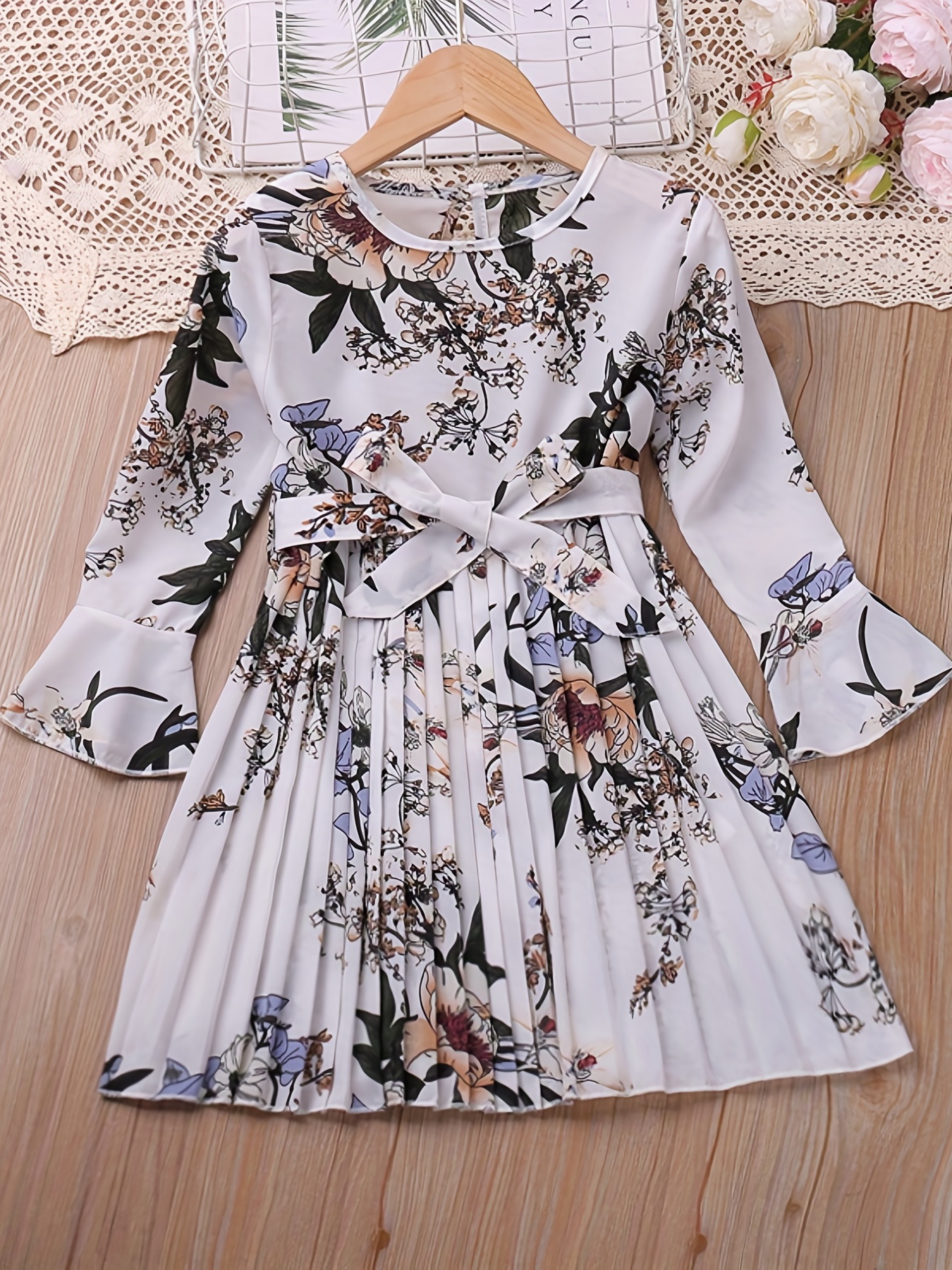 little girls boho floral flare long sleeve casual pleated dress for party going out kids spring fall clothes details 0