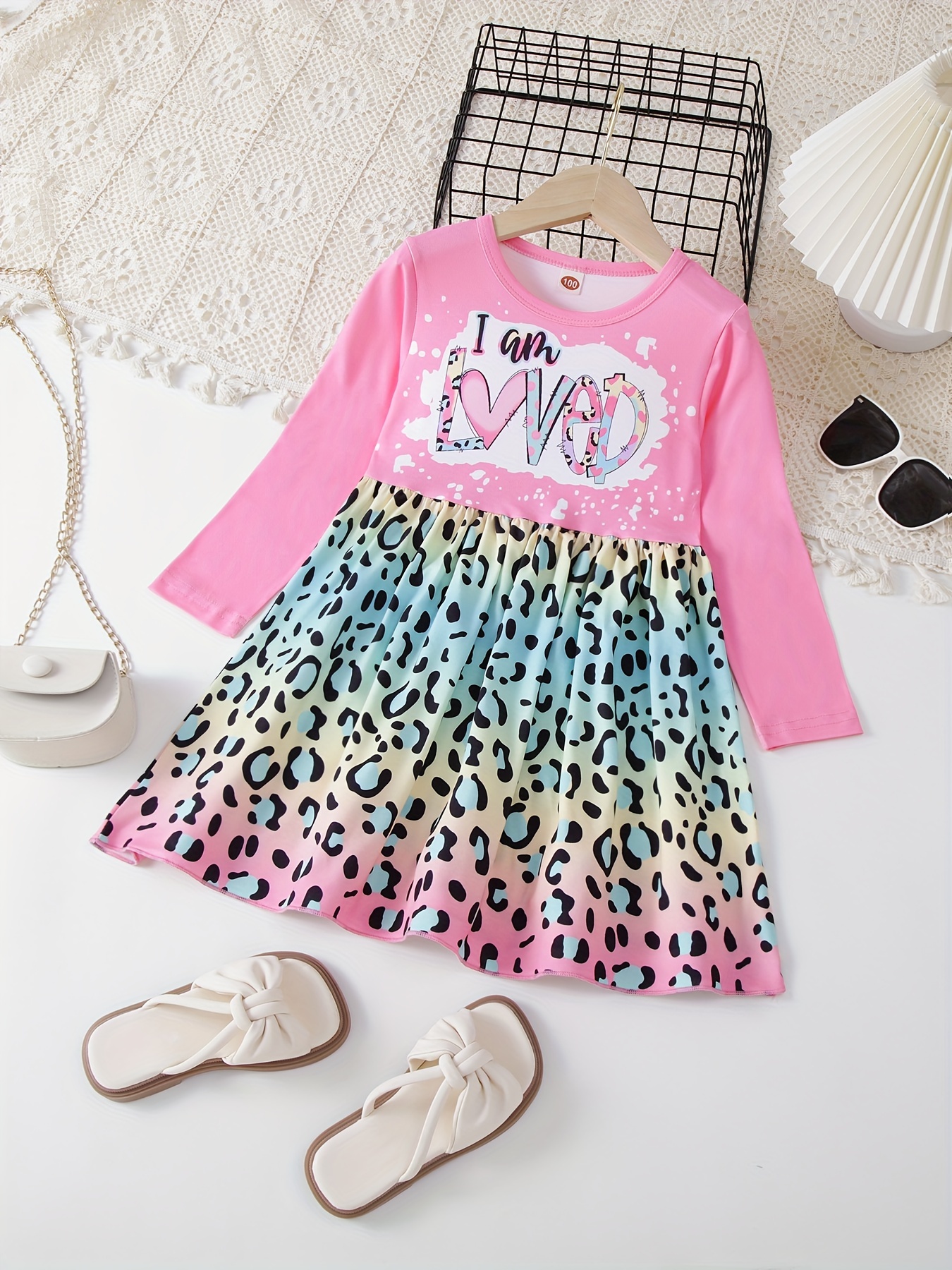 Toddler Girl Letter Leopard/Heart Print Mesh Design Sleeveless Dress