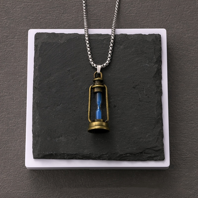 Vintage Antique Brass Lantern Pendant Necklace with Blue Glass Bulb Sand  Timer Mechanism Unisex Hip-Hop Jewelry for Men Women, Unique