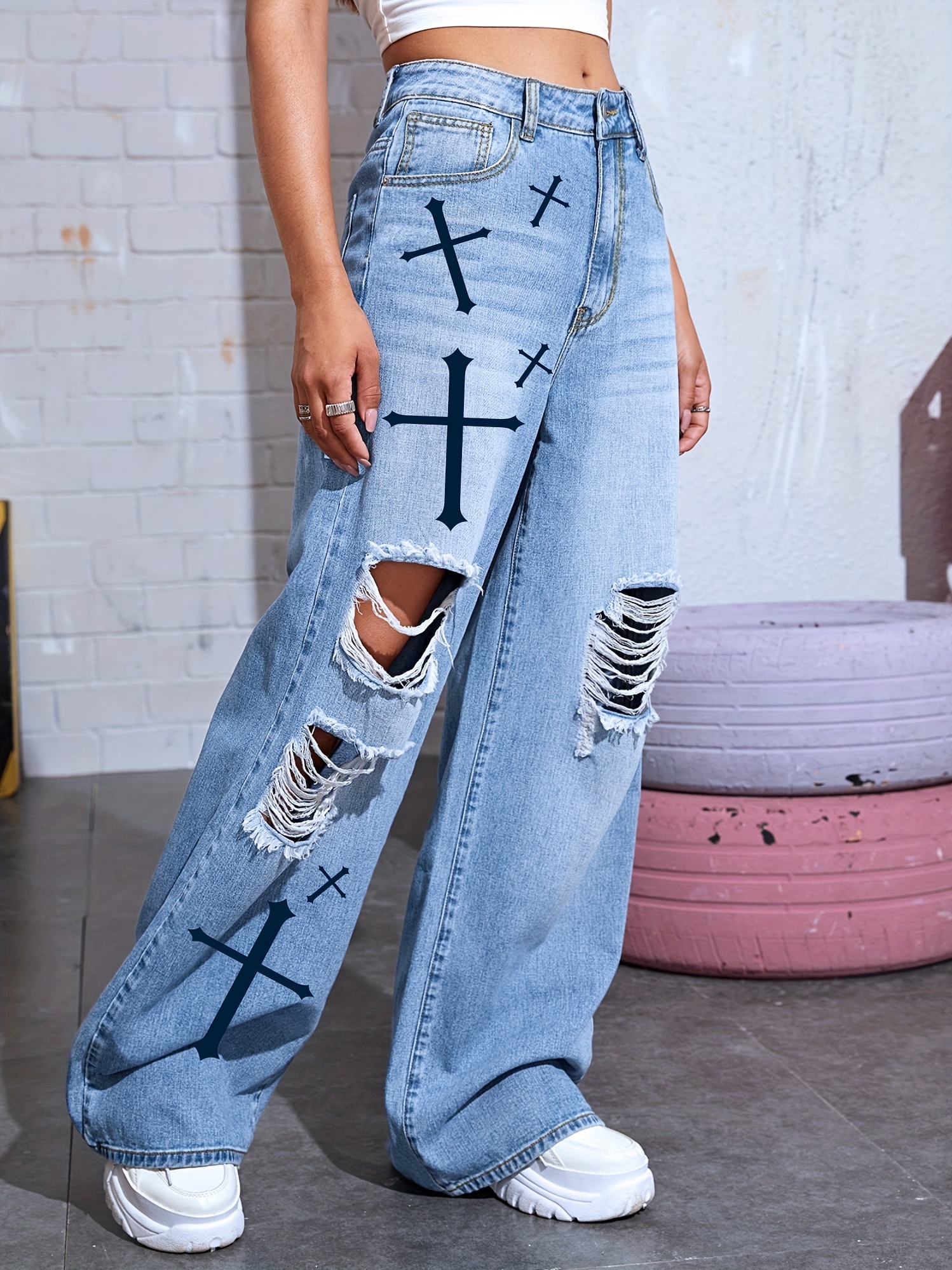 Ripped Baggy Jeans for Teen Girls High Waisted Wide Leg Hole
