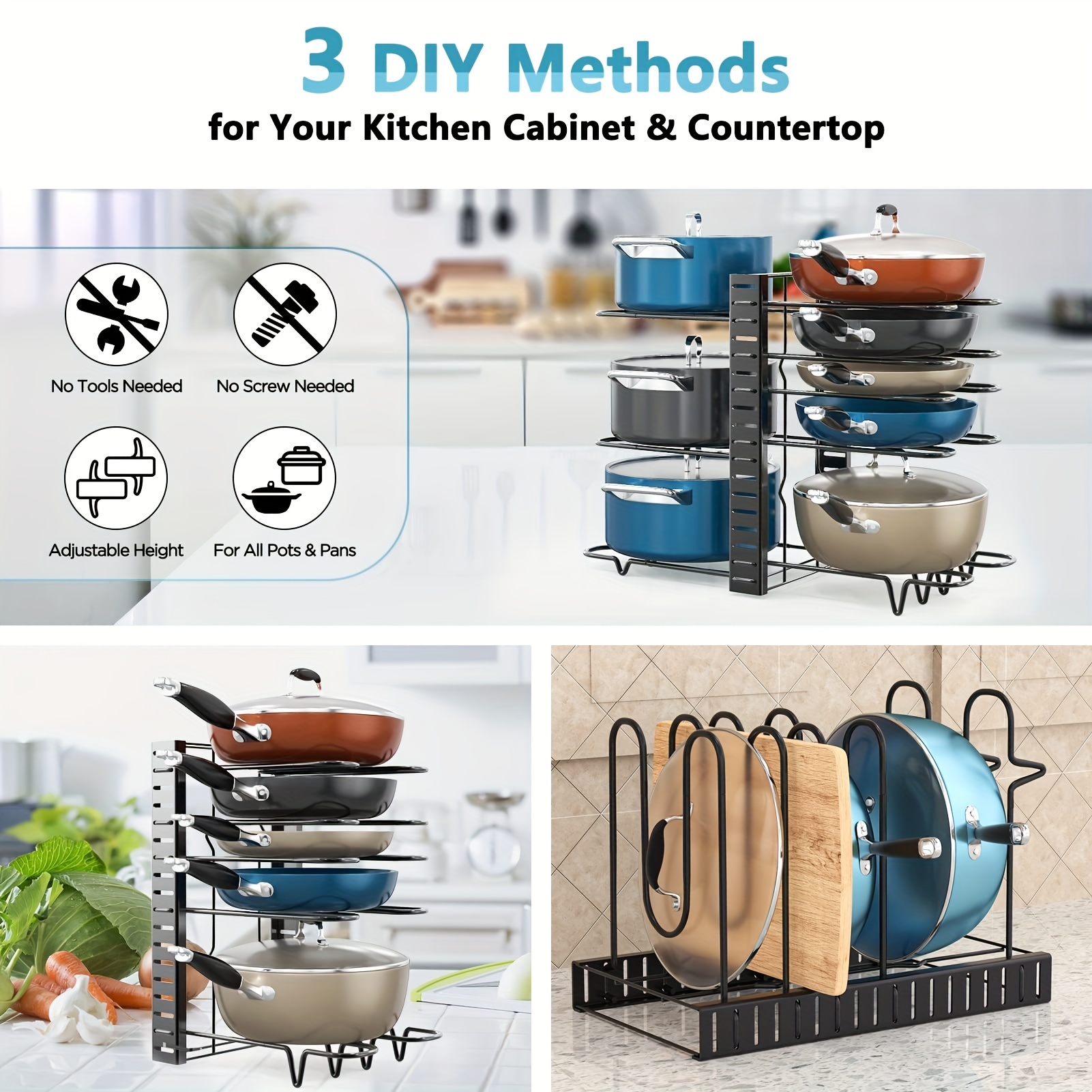 MUDEELA Pots and Pans Organizer for Cabinet 8-Tier Heavy Duty Adjustable  Pan Organizer Rack for Cabinet, Pot Organizer Rack for Kitchen Cabinet