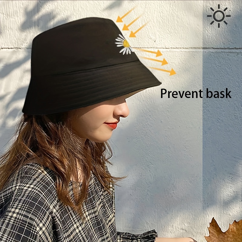 Daisy Flower Embroidery Bucket Hat Reversible Sunscreen Beach Cap Women