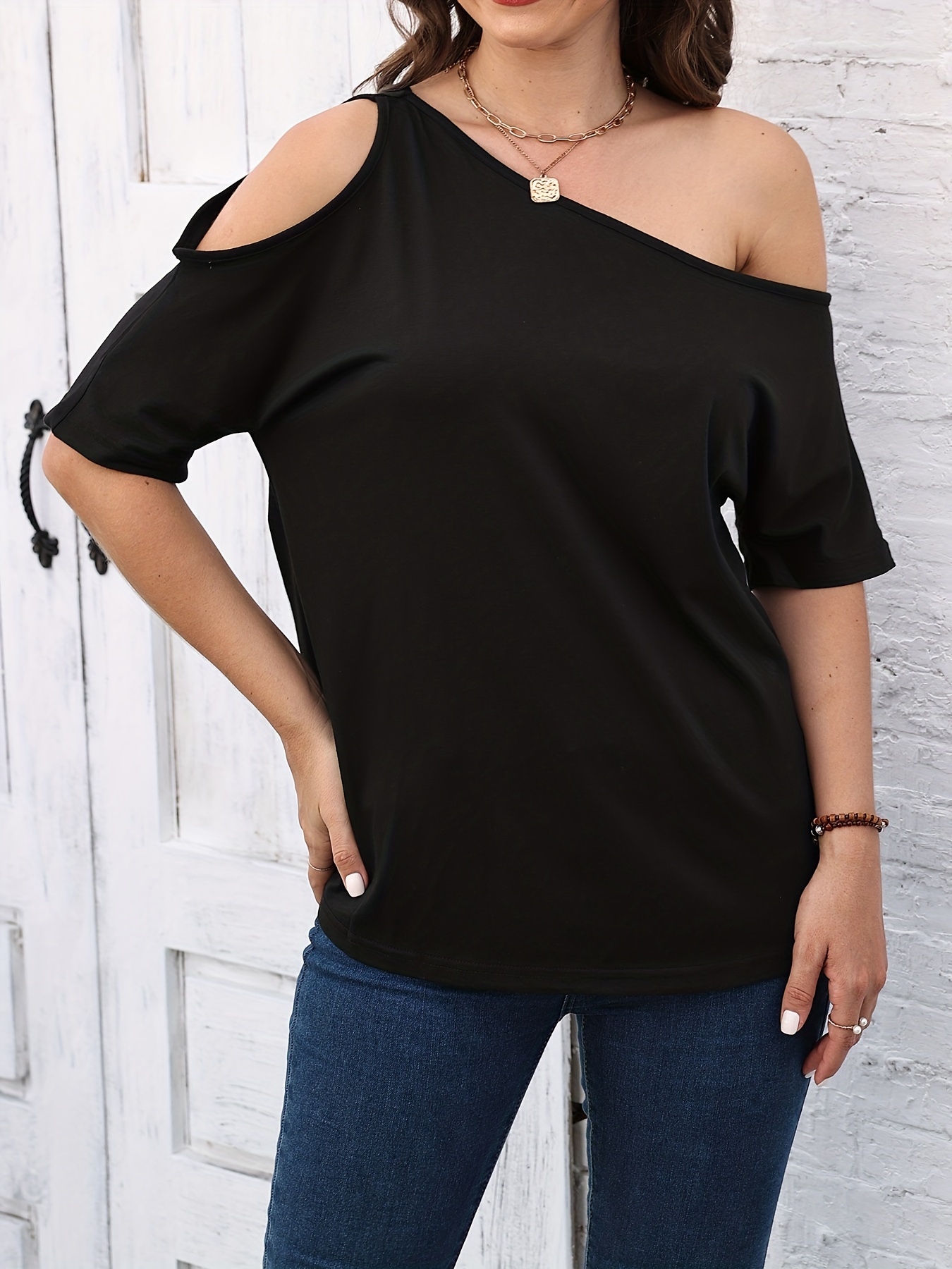 Cold Shoulder Asymmetrical Neck T shirt Casual Short Sleeve - Temu Canada