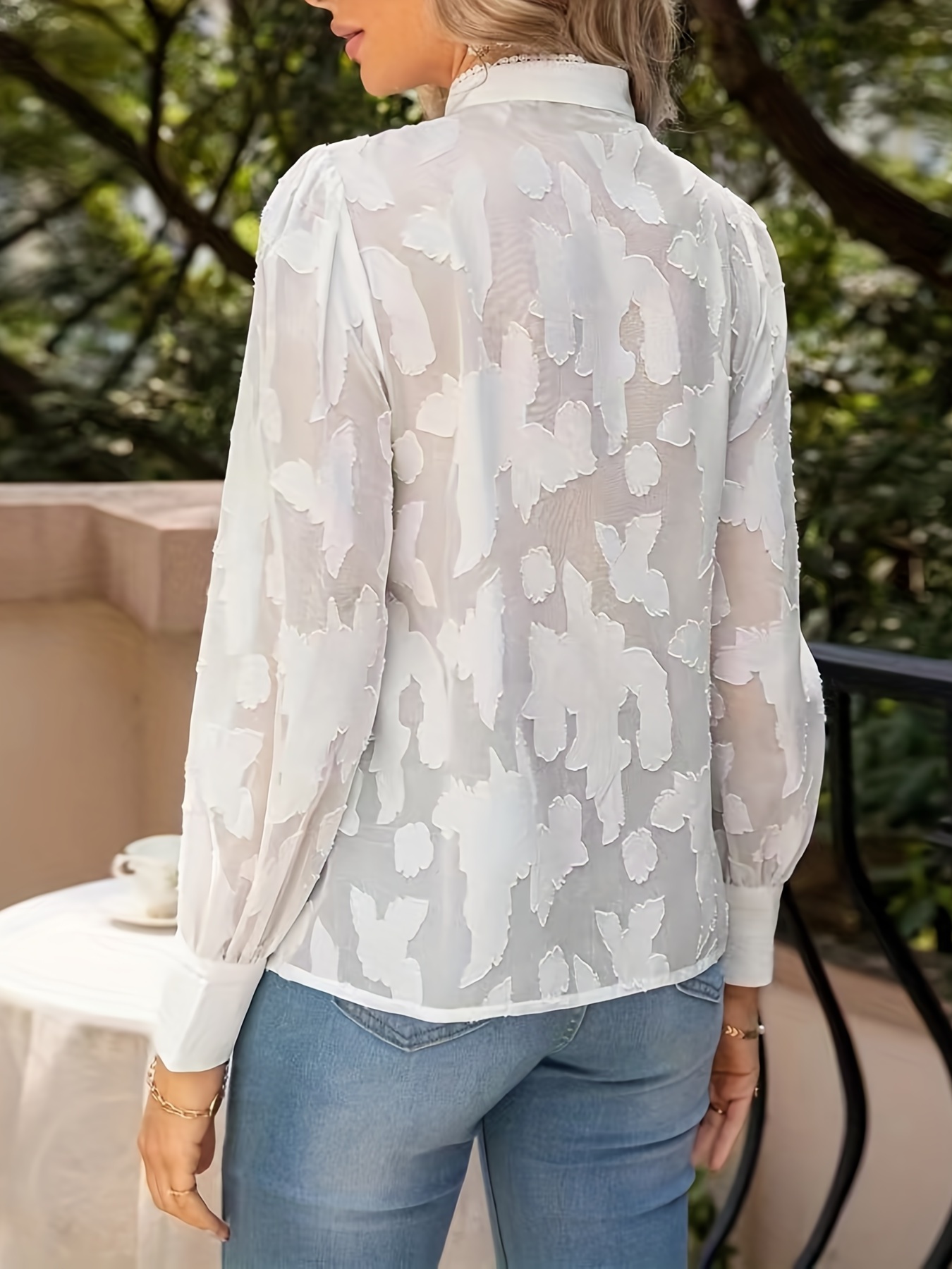 Solid Jacquard Blouse, Elegant Long Sleeve Stand Collar Blouse