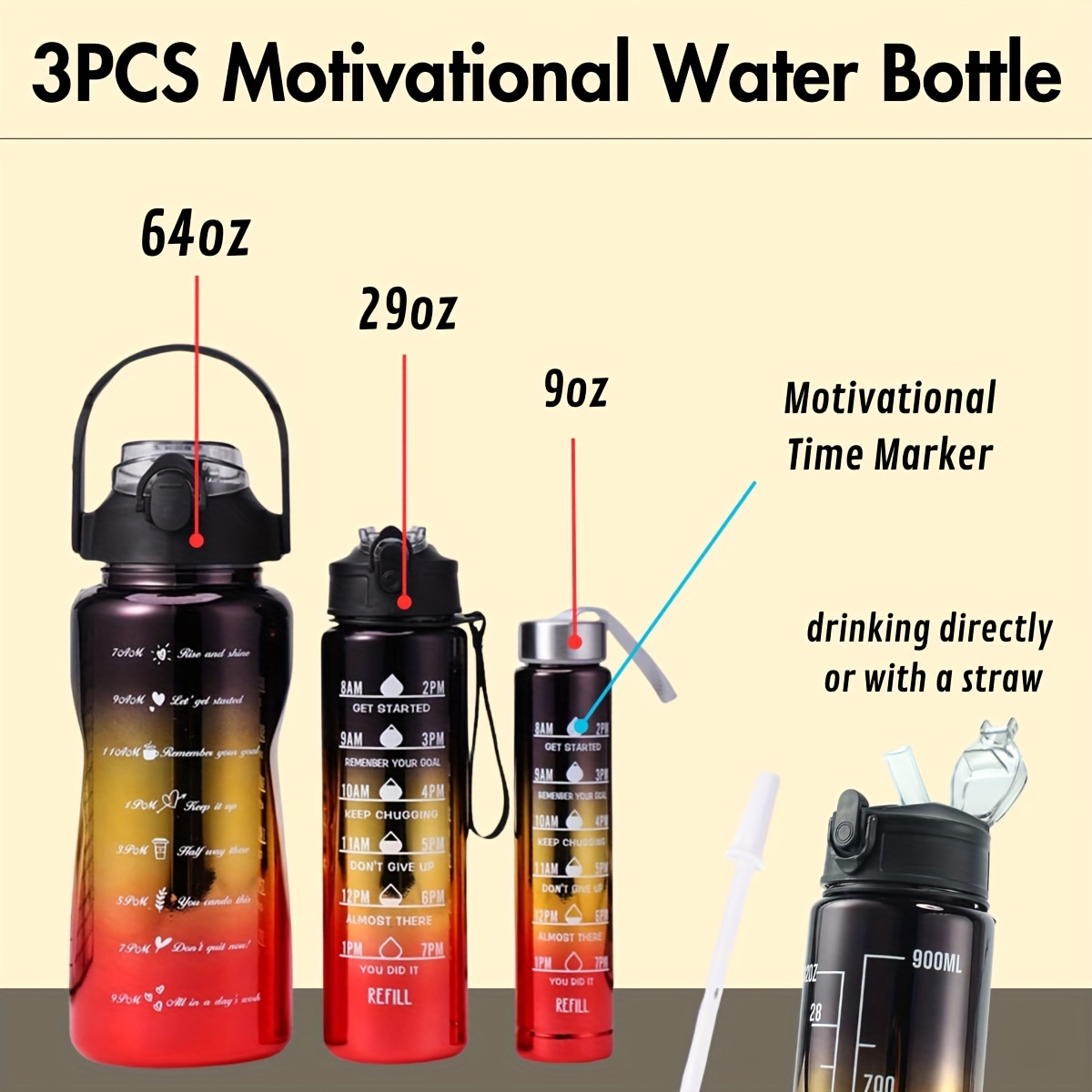 3PCS/set Sports Water Bottle With Straw Men Women Fitness Water