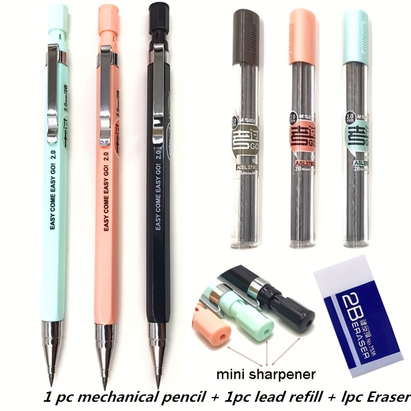 

3pcs/set Mechanical Automatic Pencil School Supplies Multifunctional Drawing Pencil With 2b 2.0mm Lead Refills With Eraser And Pencil Sharpener