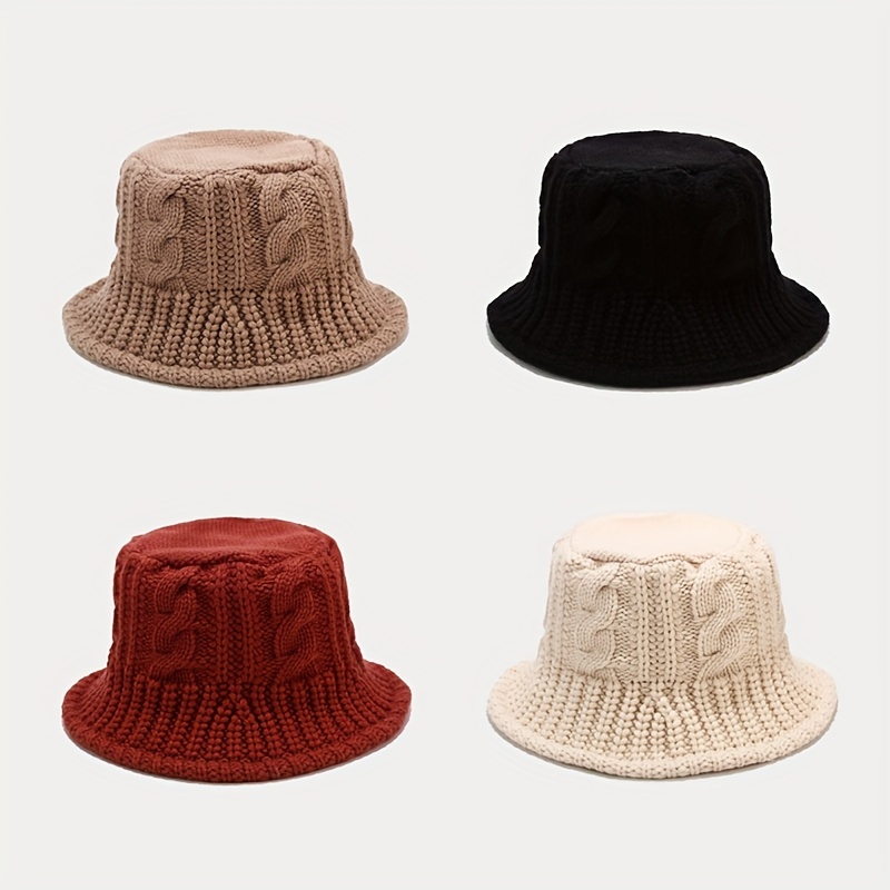

Ribbed Knitted Thick Bucket Hat Solid Color Warm Knit Basin Hats Classic Coldproof Fisherman For Women