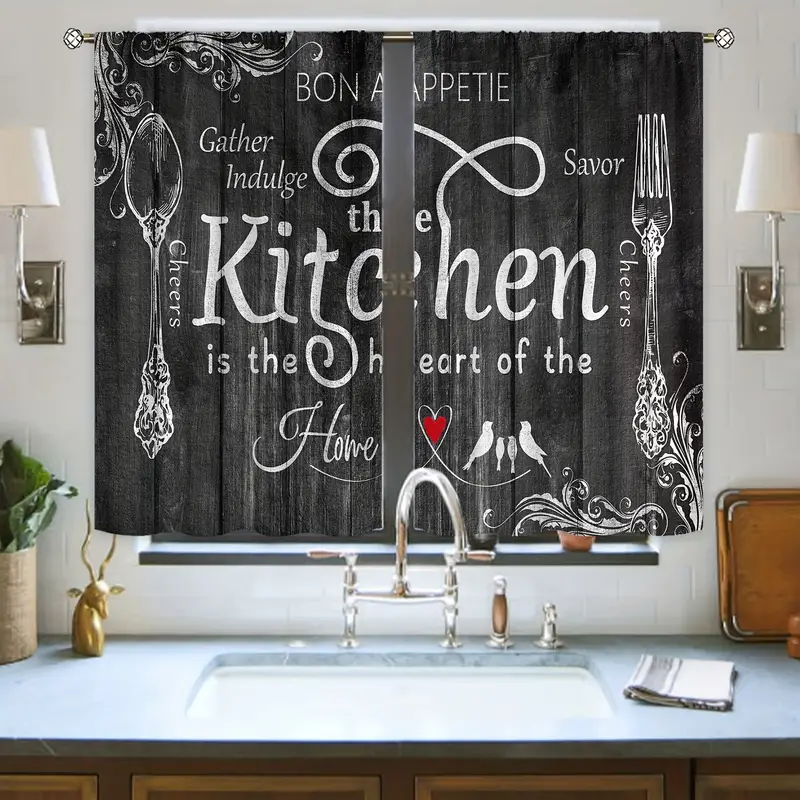 2pcs farmhouse kitchen curtains rod pocket rustic country short small fork and spoon knife savor vintage window treatment suitable for kitchen bedroom study cafe living room home decor 27 5 39 inches details 9