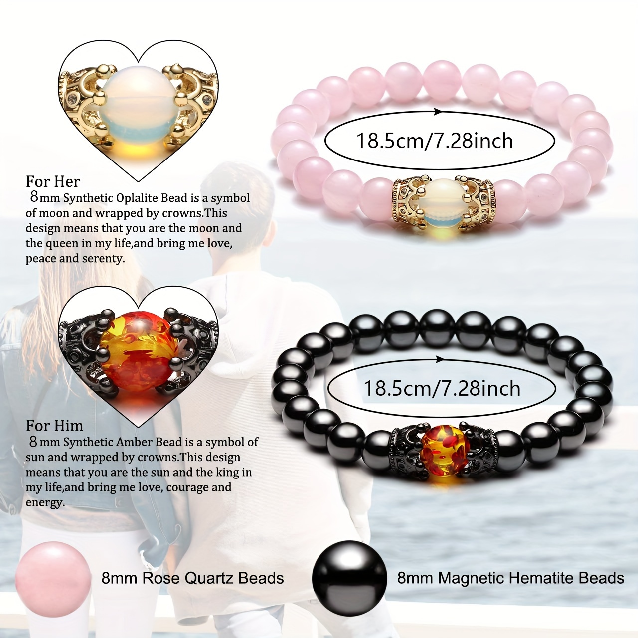 Couple King Queen Crown Bracelets His And Her Friendship 8mm Beads