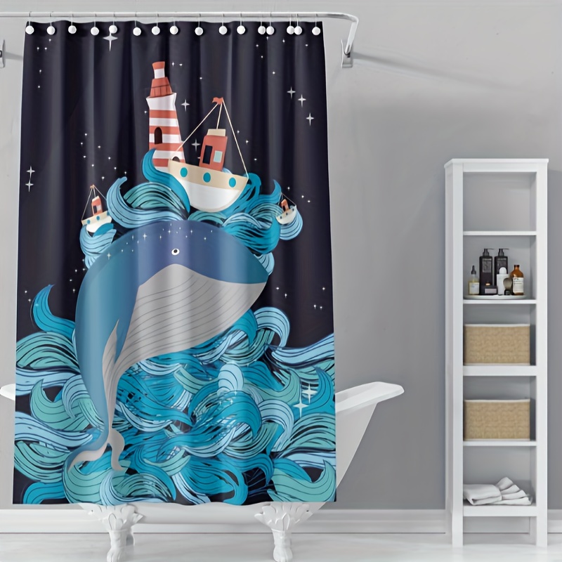 White Shower Curtains for Bathroom Decor Whale Print Waterproof with 12  Hooks