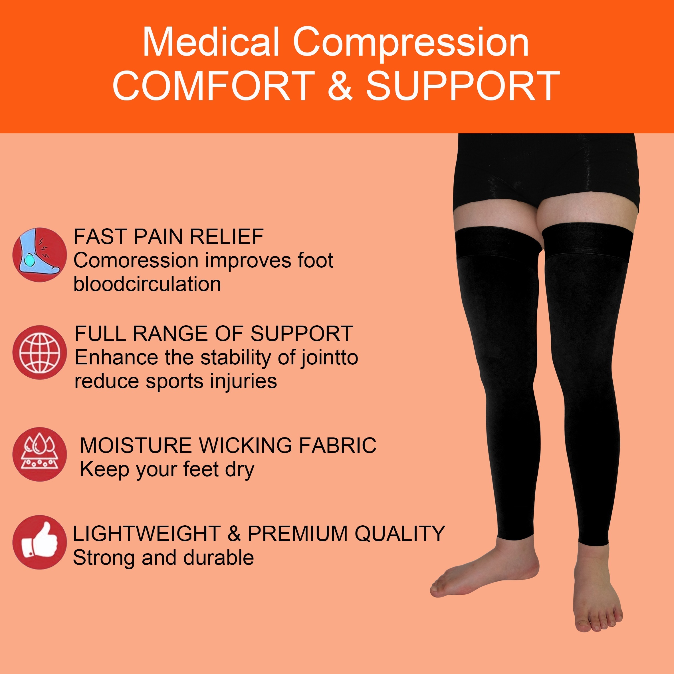 Thigh High Compression Stocking Footless, 20-30mmHg Compression Socks with  Silicone Band, Varicose Veins -Large 20-30mmhg Footless Black - Large