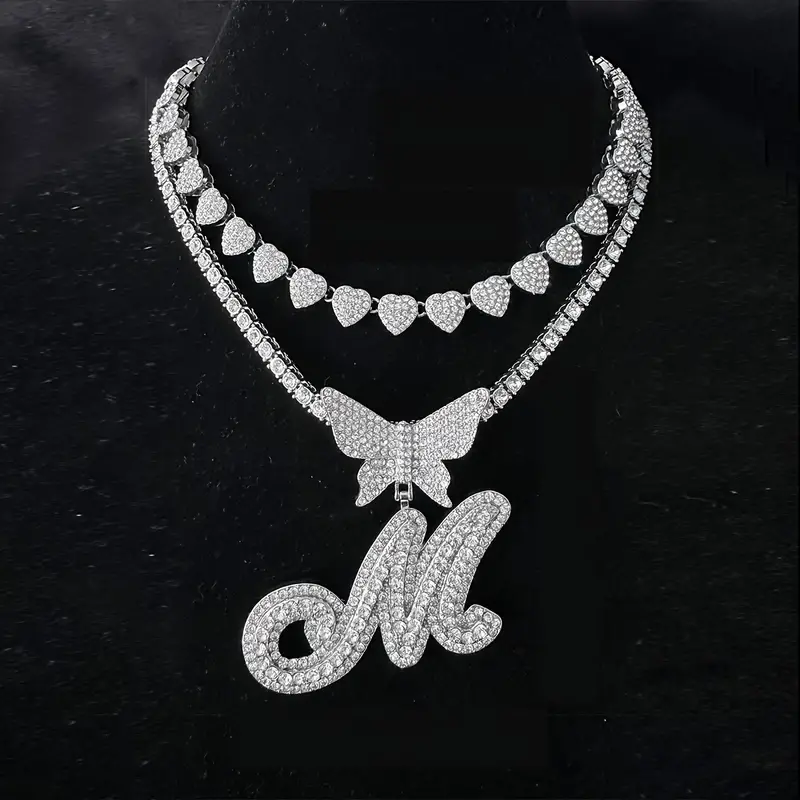 a n letter hip hop style womens butterfly initials name pendant necklace bling iced out tennis miami link chain necklaces jewelry set for men women details 1
