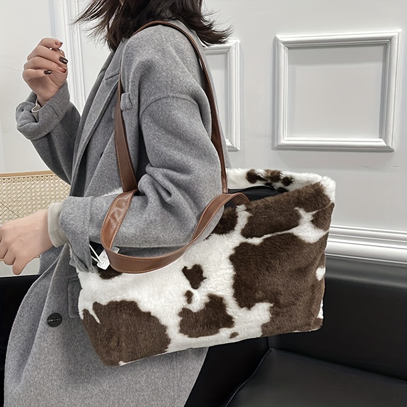 Plush Cow Pattern Tote Bag, Y2k Vintage Shoulder Bag, Fluffy Faux Fur  Handbag For Women - Temu