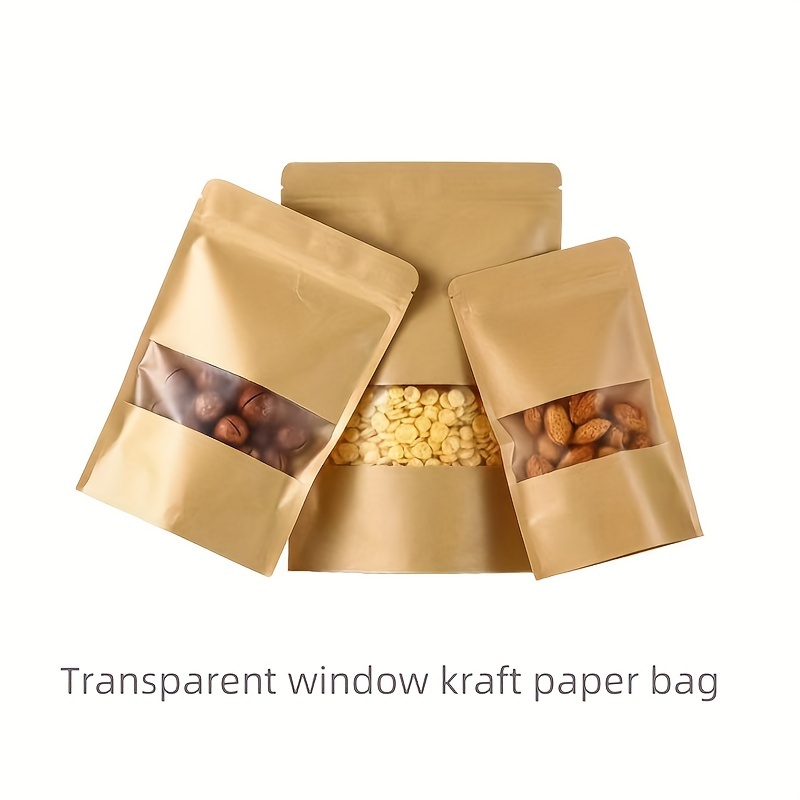 

50pcs Kraft Paper Self-supporting Bags, Disposable Storage Bag, Transparent Window Bag, Self-sealing Bags, Resealable Plastic Bags, Household Kitchen Supplies, Kitchen Storage Items